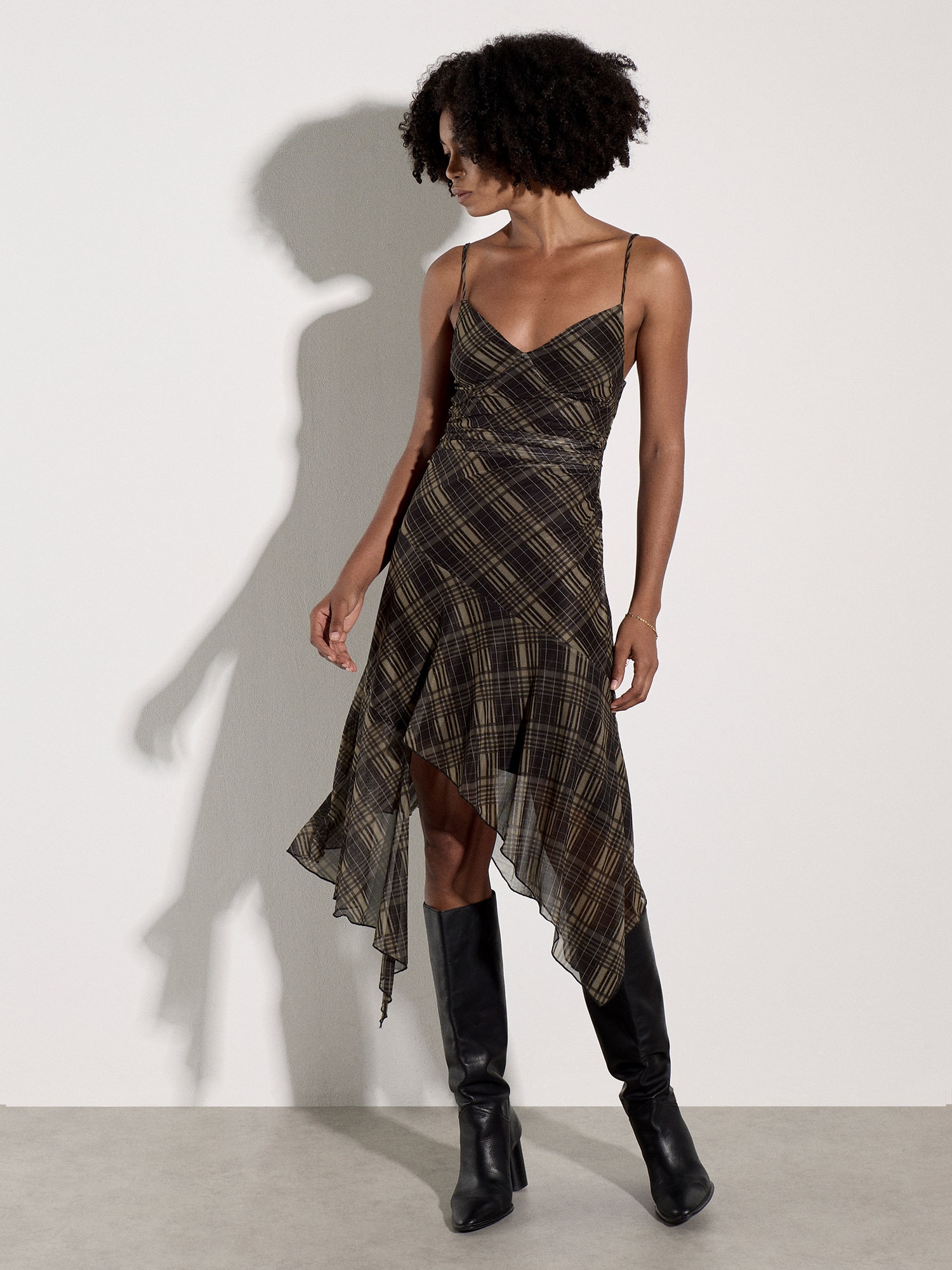 Apricot Midikleid »Wadenlanges Karo-Kleid« mit Mesh-Trägern