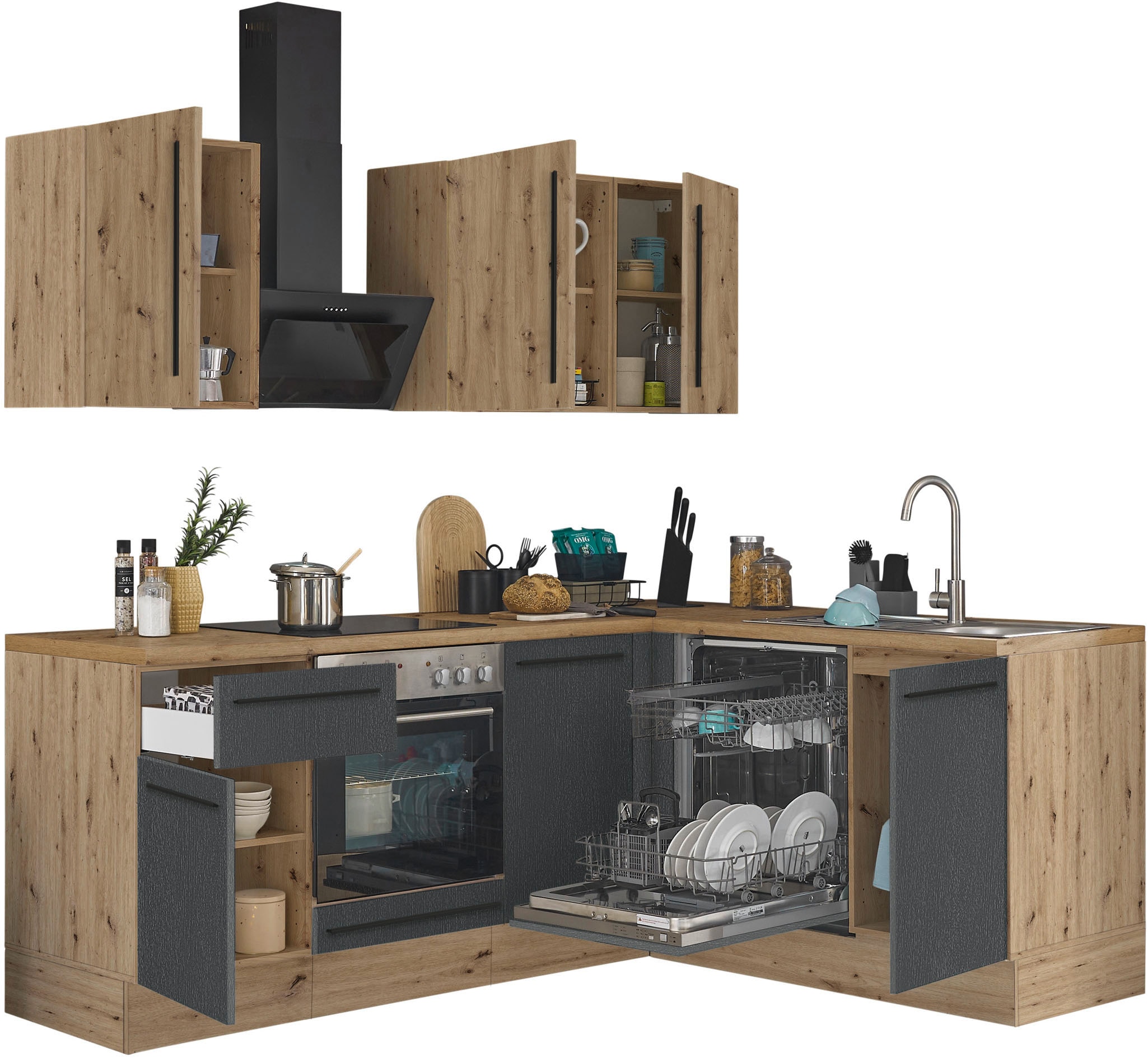 KOCHSTATION Winkelküche »Florida, Stellbreite 220x175 cm« wahlweise mit E-Geräten, mit Softclose für Türen und Schubkästen