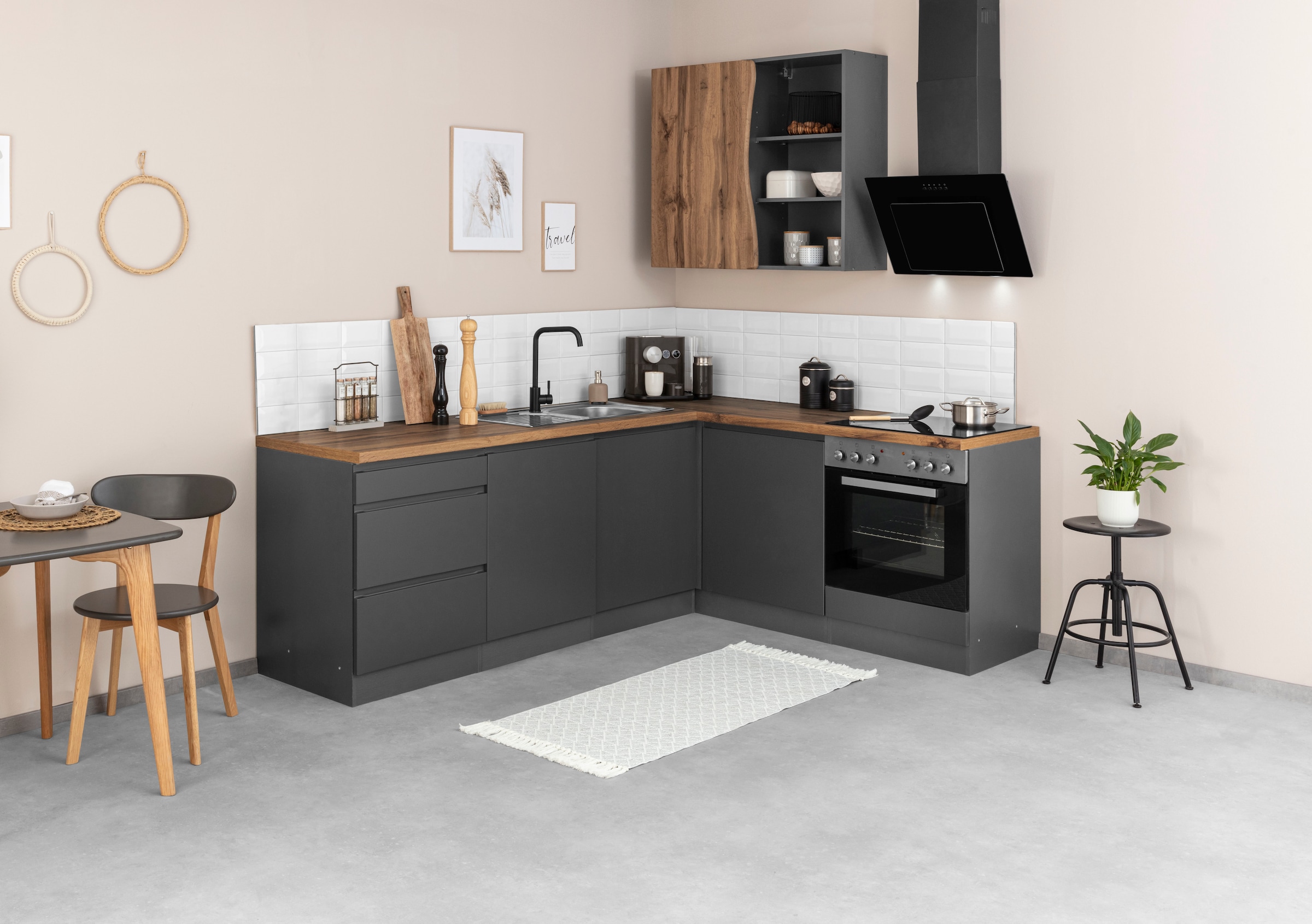 KOCHSTATION Winkelküche "KS-Bruneck" Stellbreite 240/180 cm breit, wahlweise mit oder ohne E-Geräte, MDF