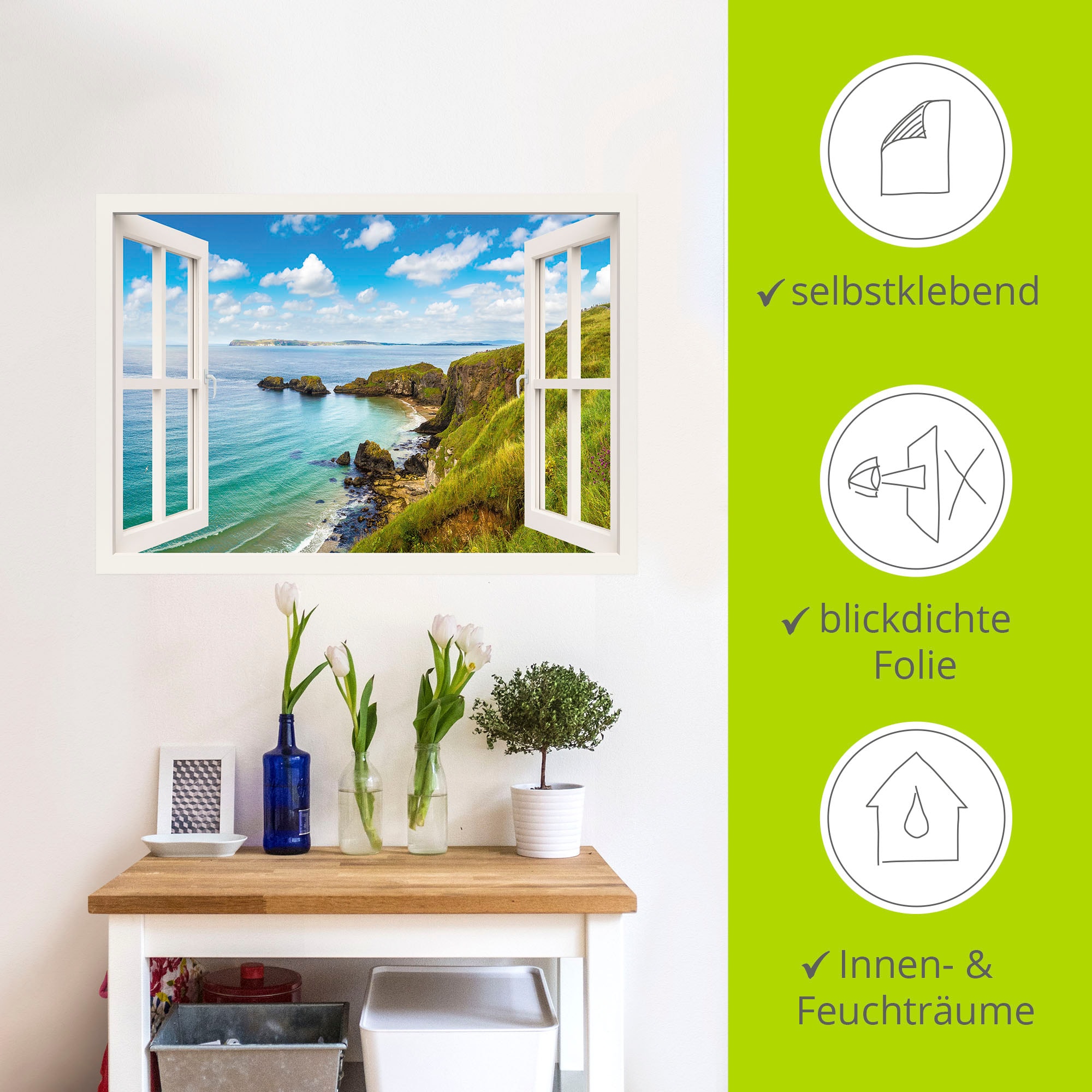 Artland Wandbild »Küstenweg in Nordirland durchs Fenster«, Meer Bilder, (1 St.), als Leinwandbild, Wandaufkleber oder Poster in versch. Größen