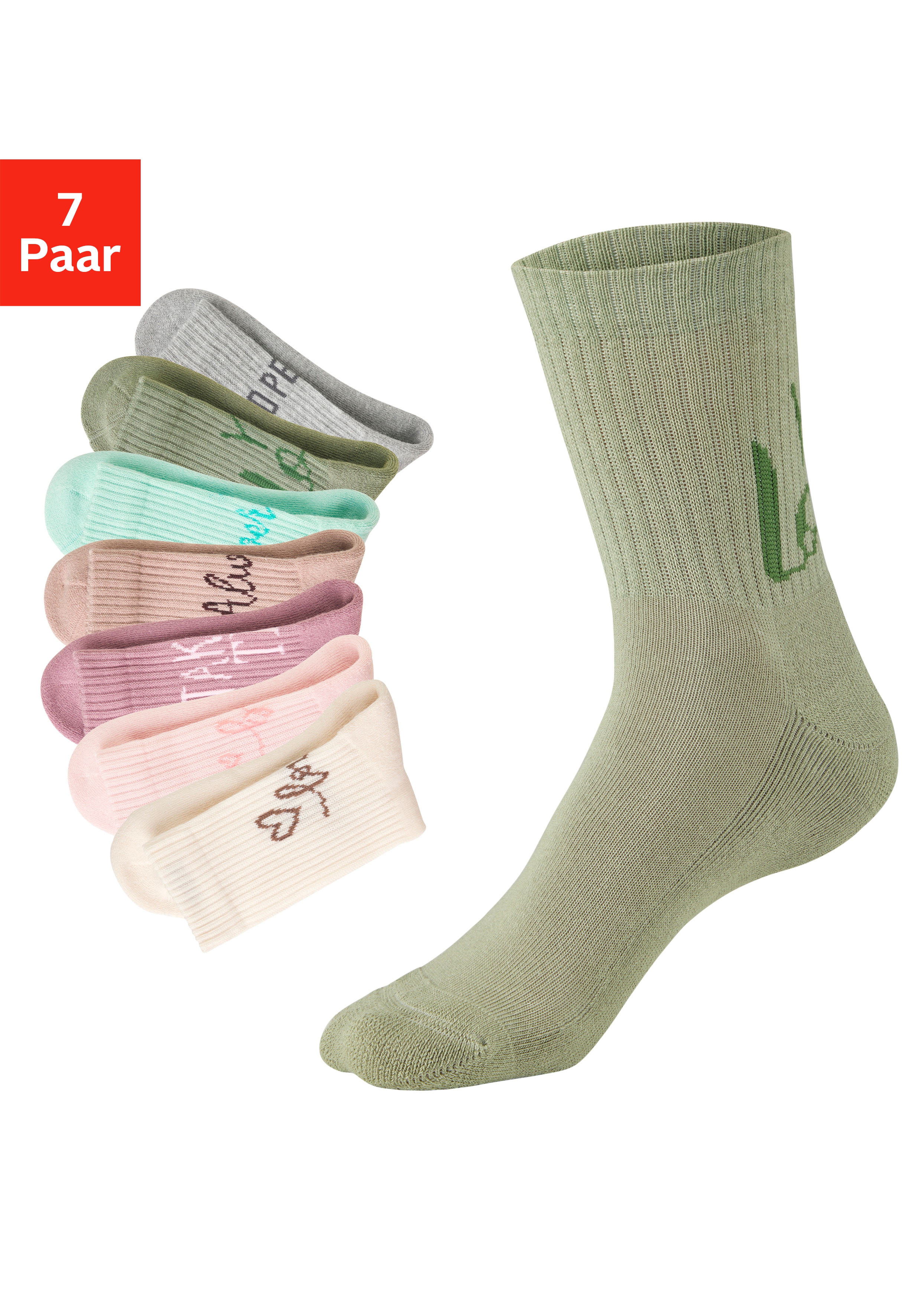 H.I.S Tennissocken "Damen Sportsocken daily socks" Packung, 7 Paar tlg. mit Fußfrottee und ansprechenden Schriftzügen