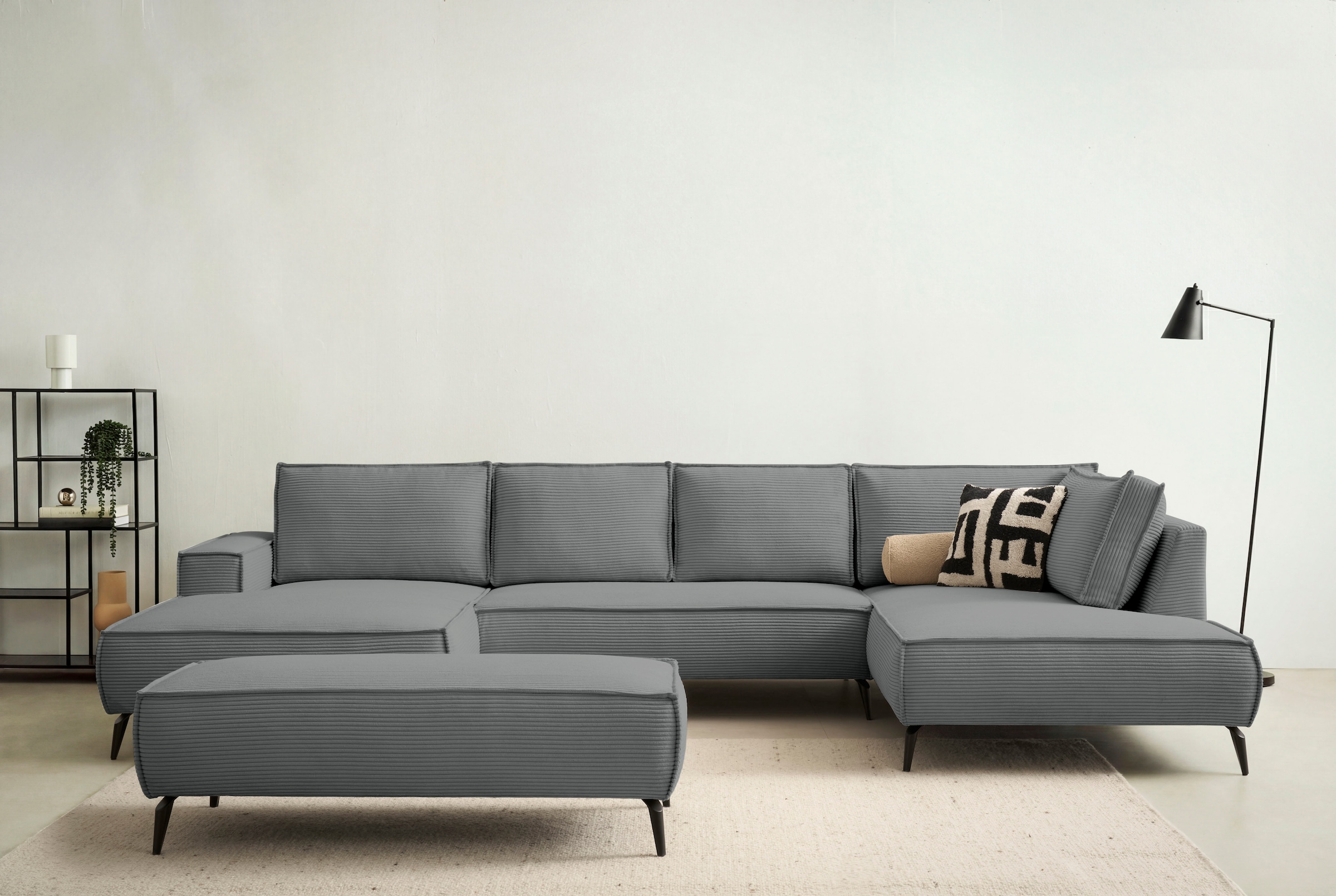 OTTO home Wohnlandschaft "TVINNU Cord, 354 cm, mit Hocker" Recamiere rechts/links, stellbar zum Schlafsofa (Krokodilverbinder)