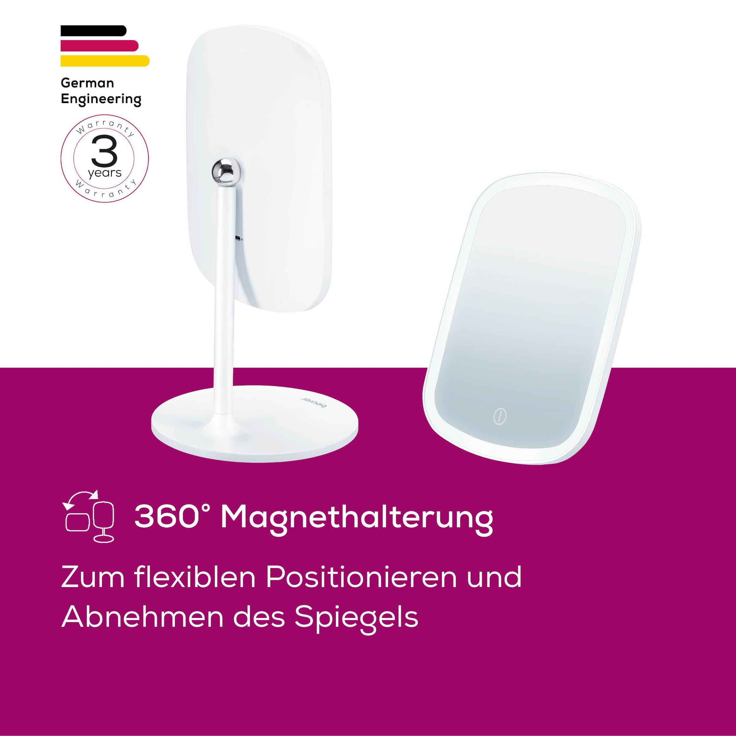 BEURER Kosmetikspiegel »BS 47, beleuchtet, mit Magnethalterung«, Drei verschiedene Lichtoptionen, Touch-Sensor auf der Spiegelfläche