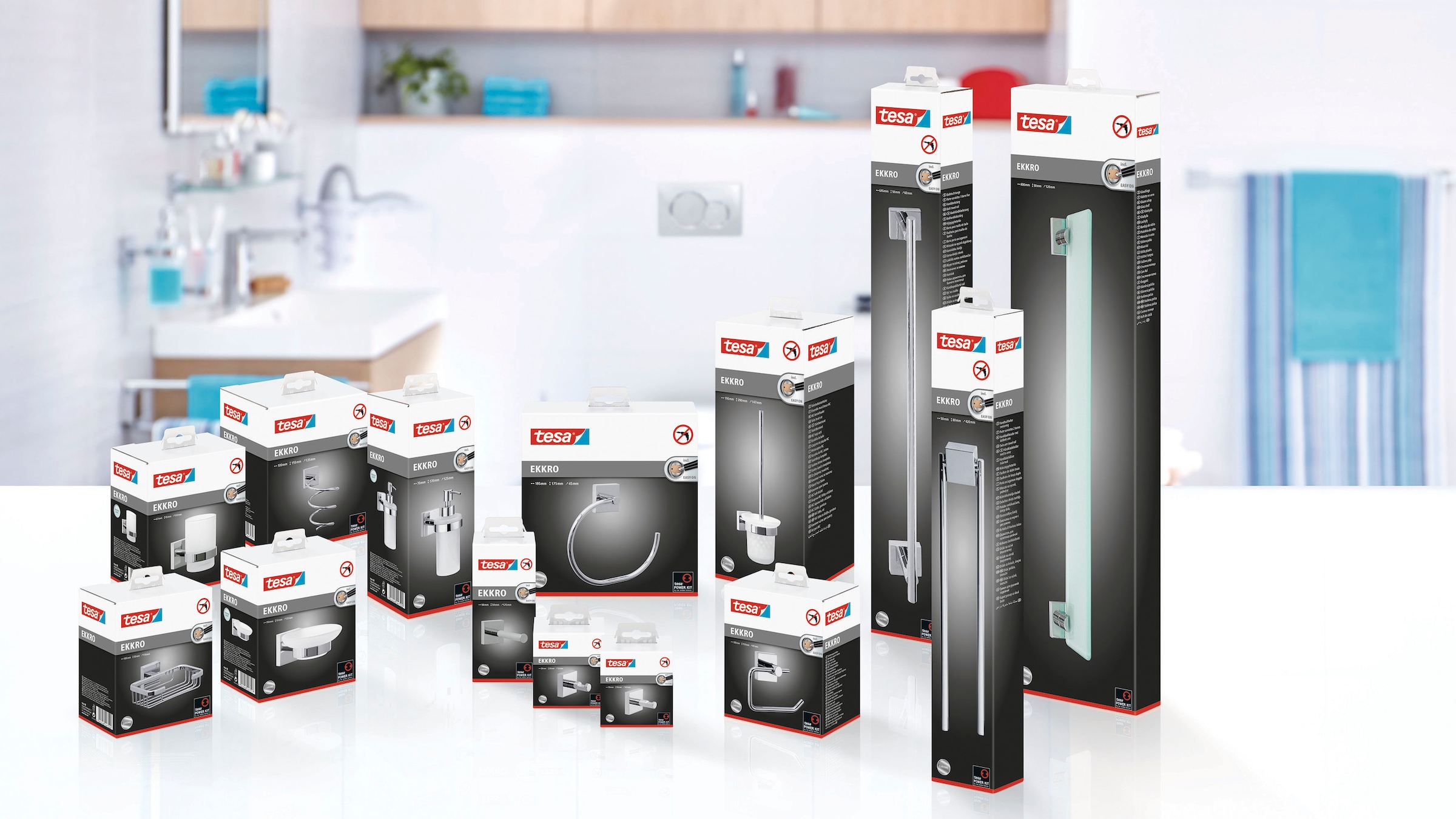 tesa Duschregal »EKKRO Glasablage ohne Bohren - 5 cm  : 60 cm : 12,0 cm« Packung,  selbstklebende Badablage aus Glas - chrom - silber glänzend