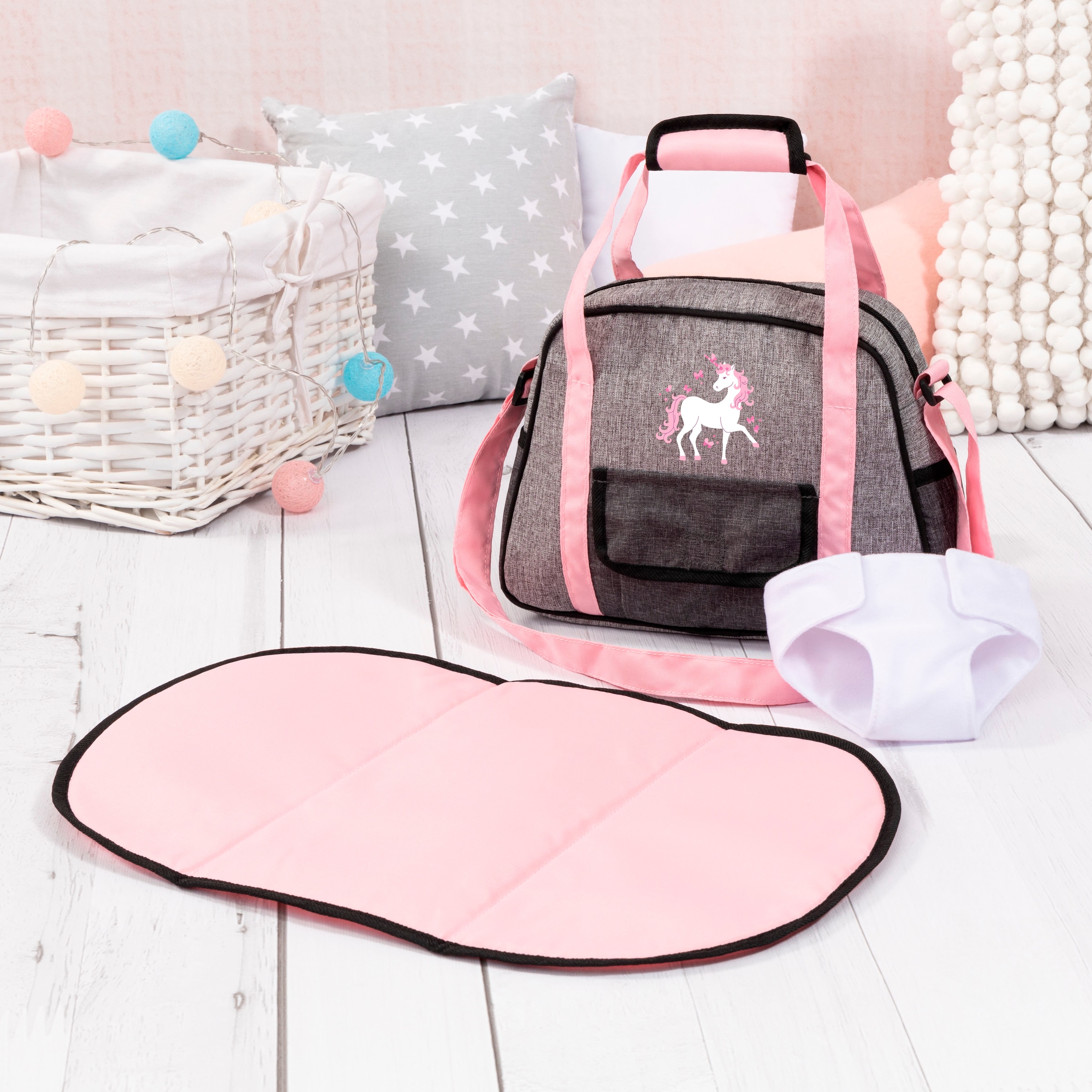 Bayer Puppen Wickeltasche »grau/rosa Einhorn«