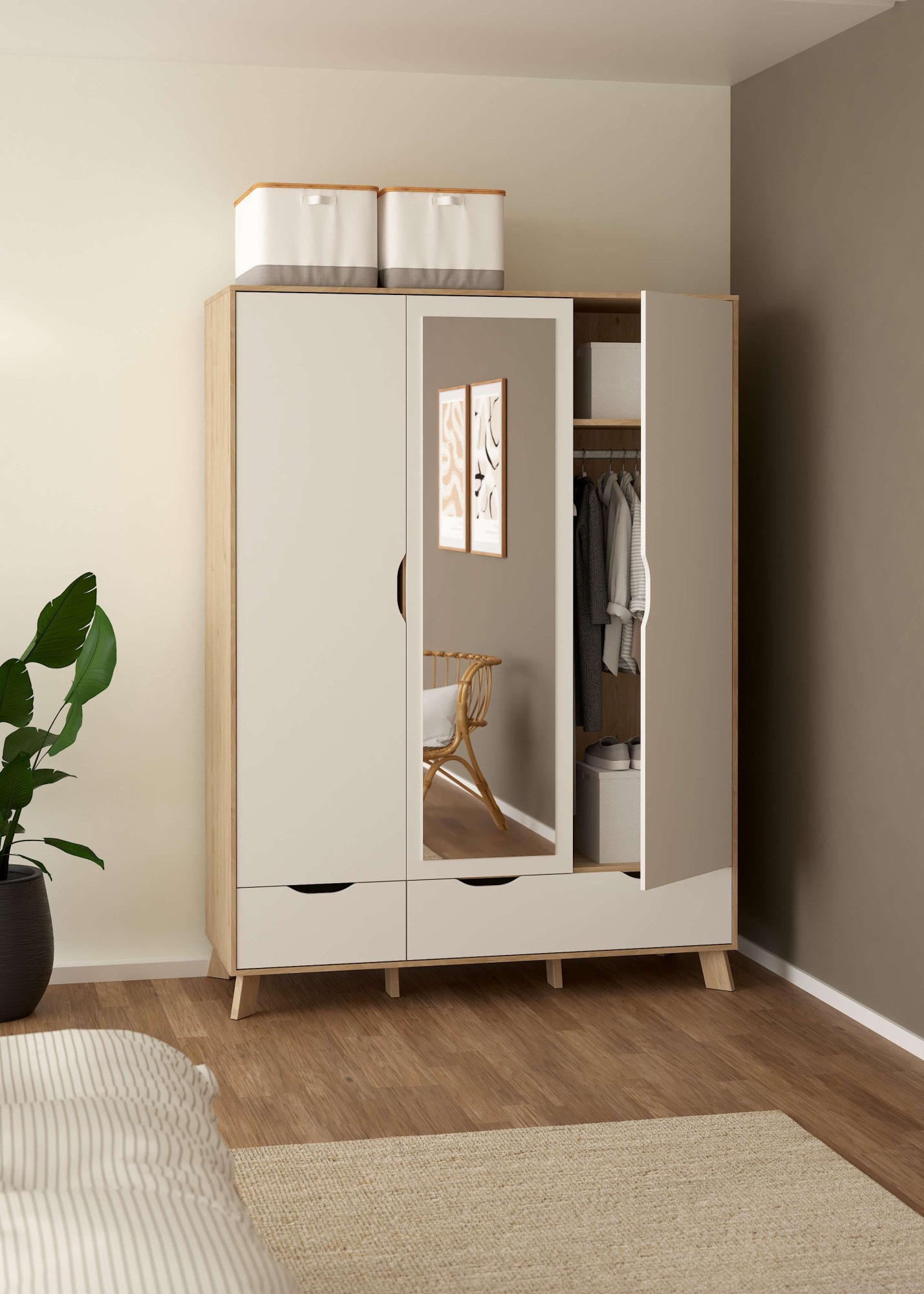 andas Kleiderschrank »Ikast Drehtürenschrank, Spiegeltür, Aufbewahrung, Schrank, Stauraum«, 1 Spiegeltür, 2 Türen, 3 Schubladen, Höhe 201 cm, Breite 147 cm