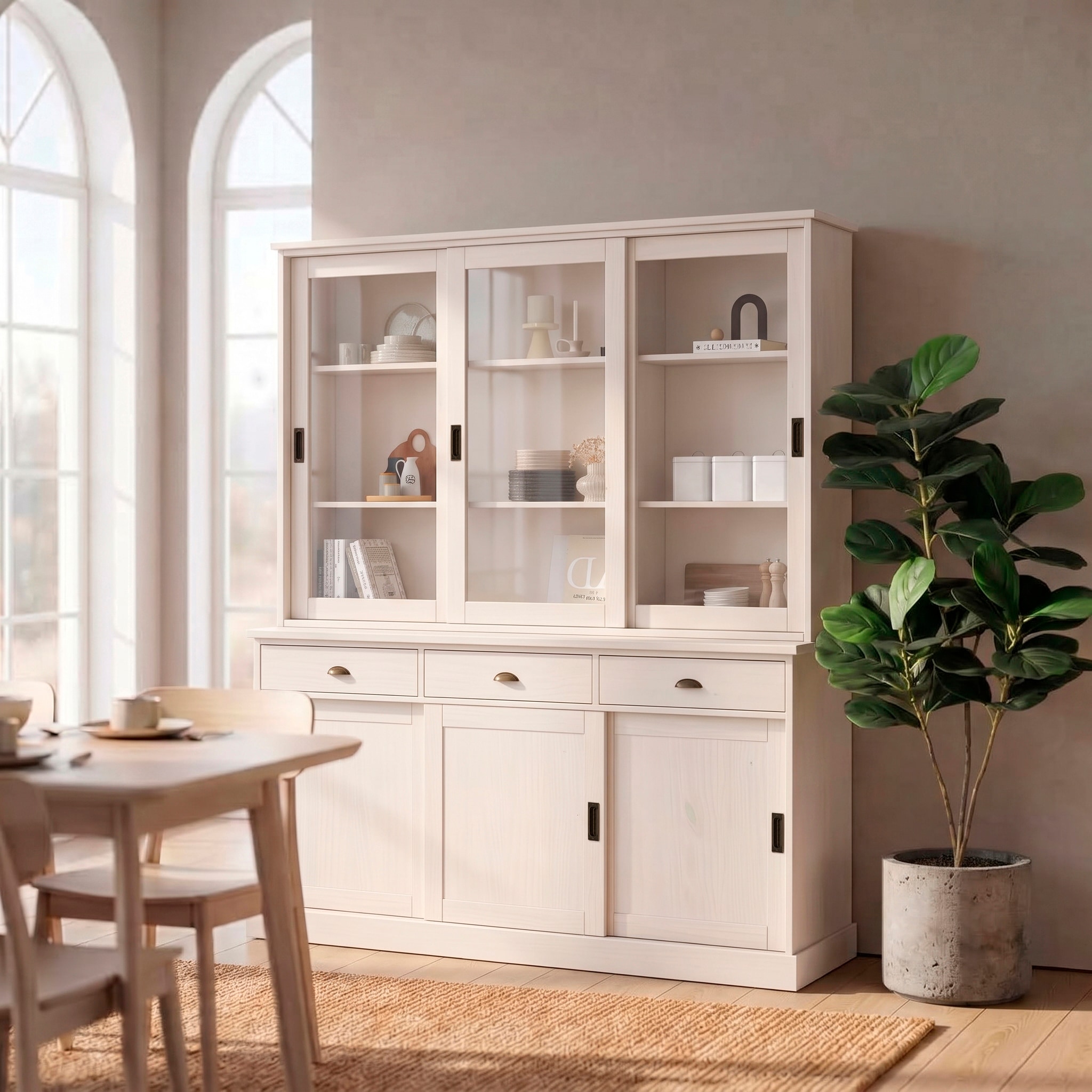OTTO home Buffet »Schröder Buffetschrank, Schiebetür-Vitrine -und Schrank & 3 Schubladen« 6 Schiebetüren, davon 3 mit Glaseinsatz und 3 Schubladen, Metallgriffe