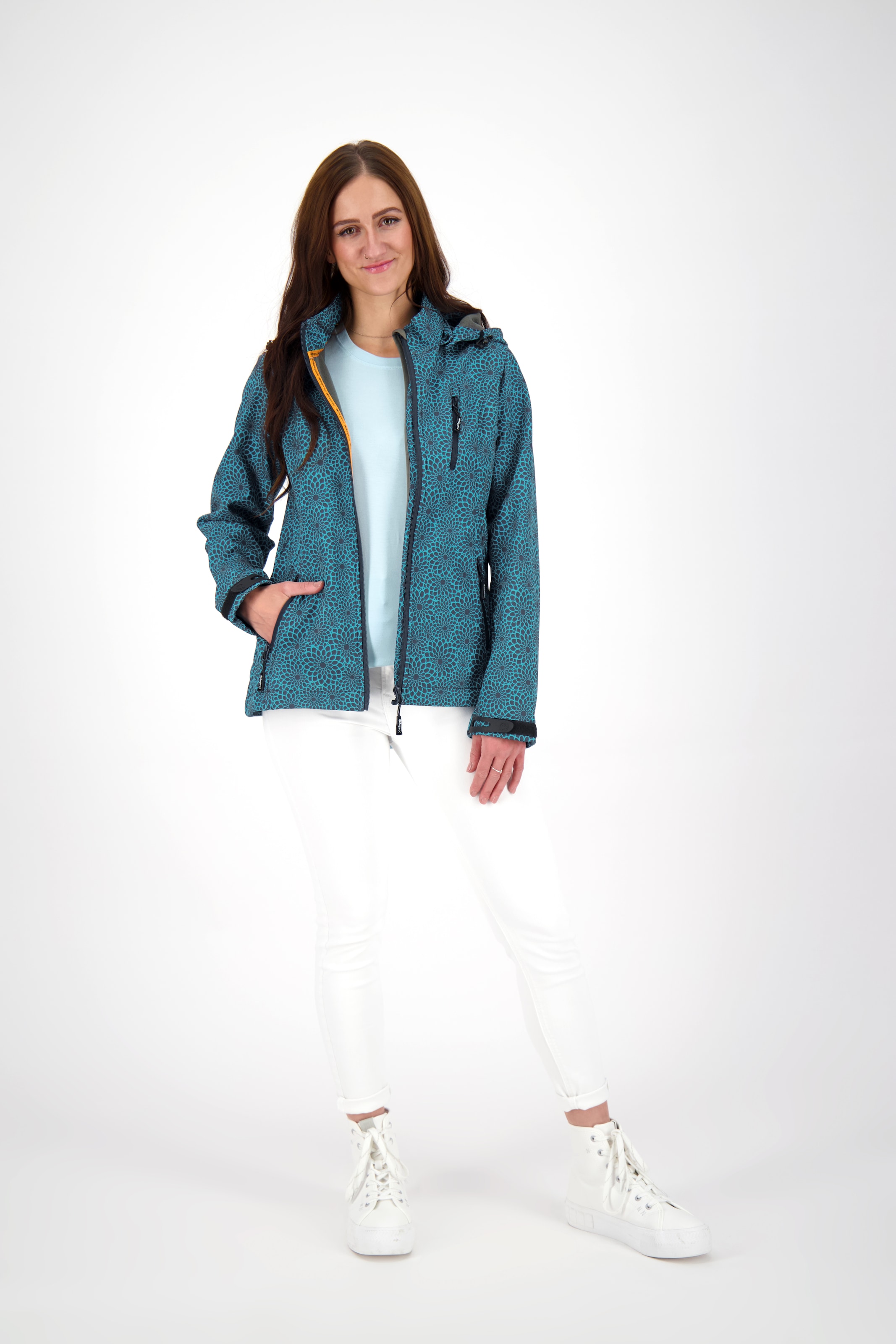 DEPROC Active Softshelljacke »SHELBY PEAK DC«, leichte Softshelljacke mit All-Over-Print und abnehmbarer Kapuze