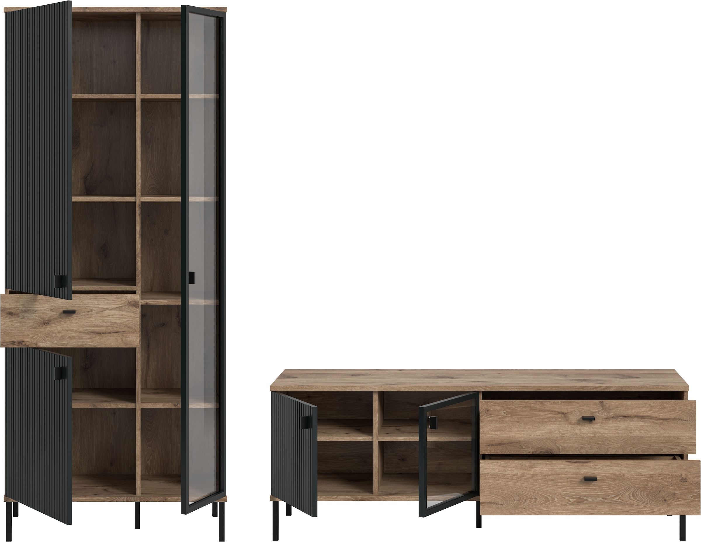 INOSIGN Wohnwand »TREVERK, Breite: 252 cm, hochwertige MDF-Front schwarz tiefzieh« Set, Set, best. aus: 1 Stauraumvitrine, 1 Lowboard, 2 Stk. tlg.