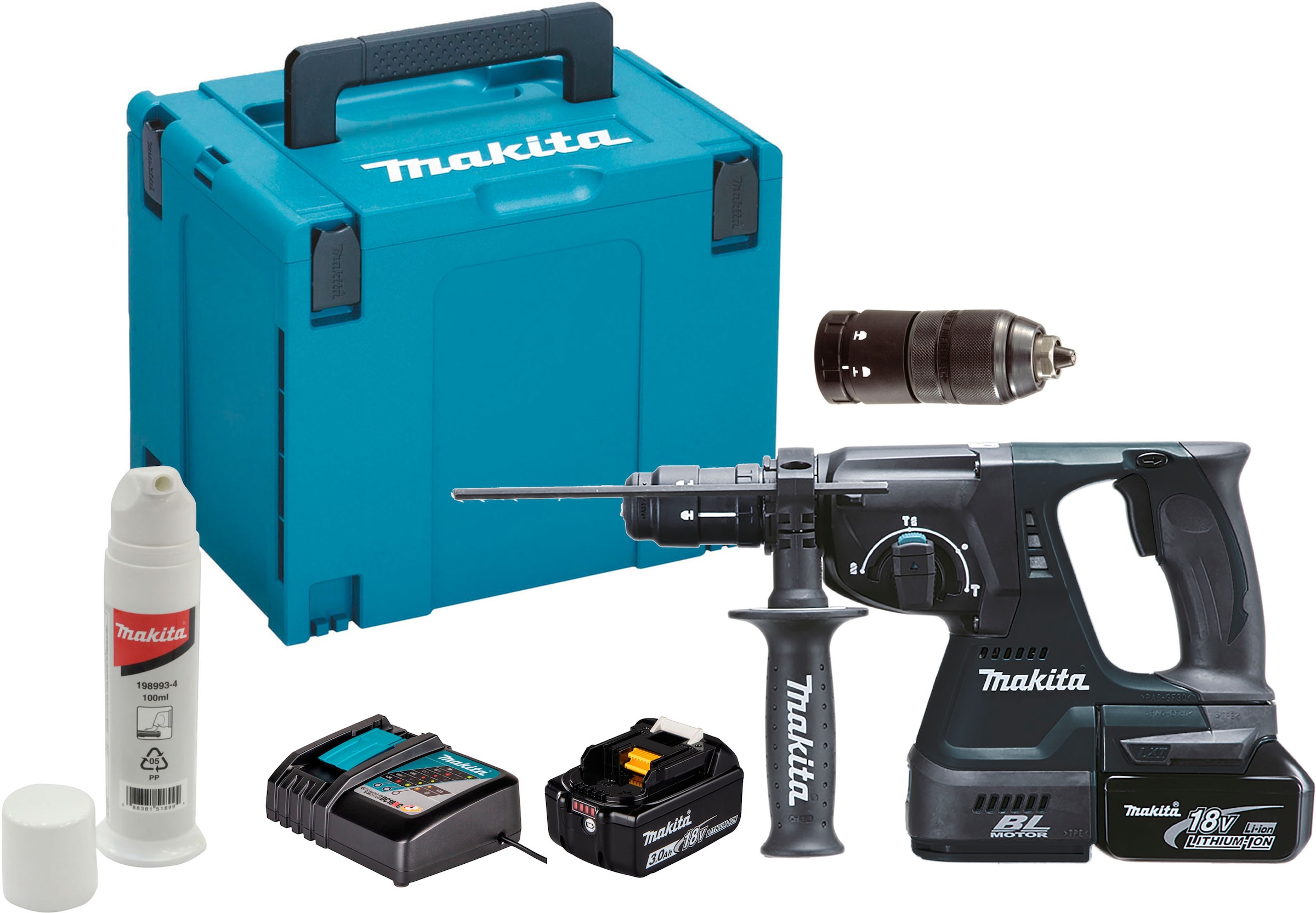 Makita Akku-Kombibohrhammer »DHR243RTJB«, SDS-PLUS, mit 2 Akkus 18V/5Ah, Ladegerät, Koffer und Zubehör