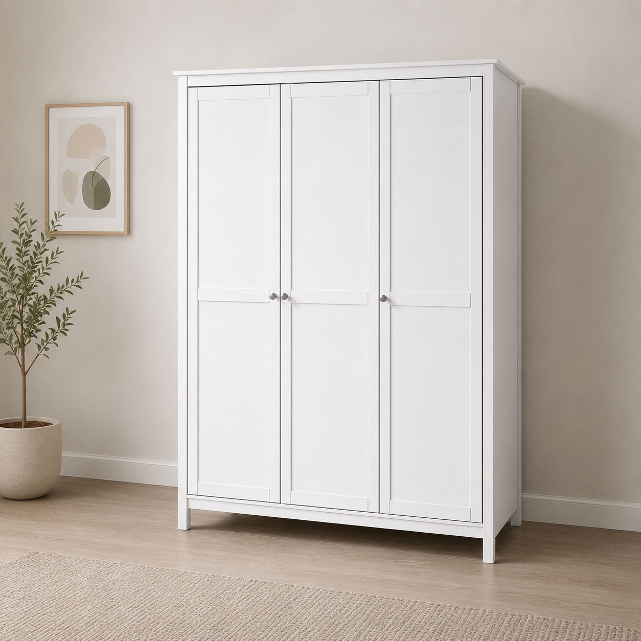 Inter Link Kleiderschrank "Pinora, 2 Türen, Kiefer Massivholz Weiss, Silberne Metallgriffe" 1 Stk. tlg. Inkl. Kleiderstange & Einlegeböden, Skandi Look, 155 x 60 x 210 cm