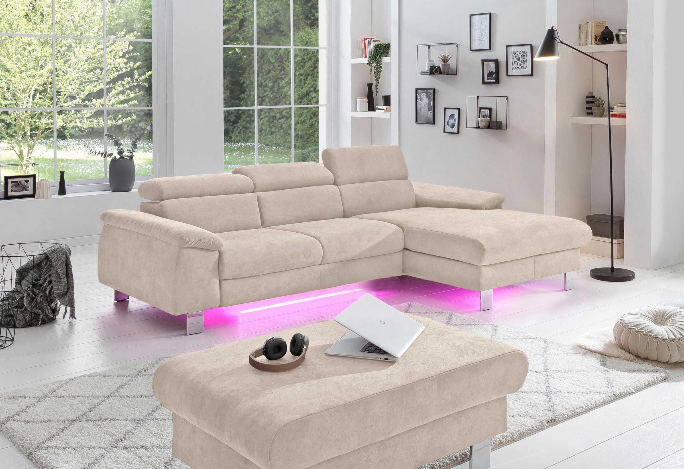 COTTA Polstergarnitur »Komaris L-Form, B: 242 bzw. 100 cm (Set: Ecksofa & Hocker)« Set,  mit Kopfteilverstellung, optional Bettfunktion, Bettkasten & Licht