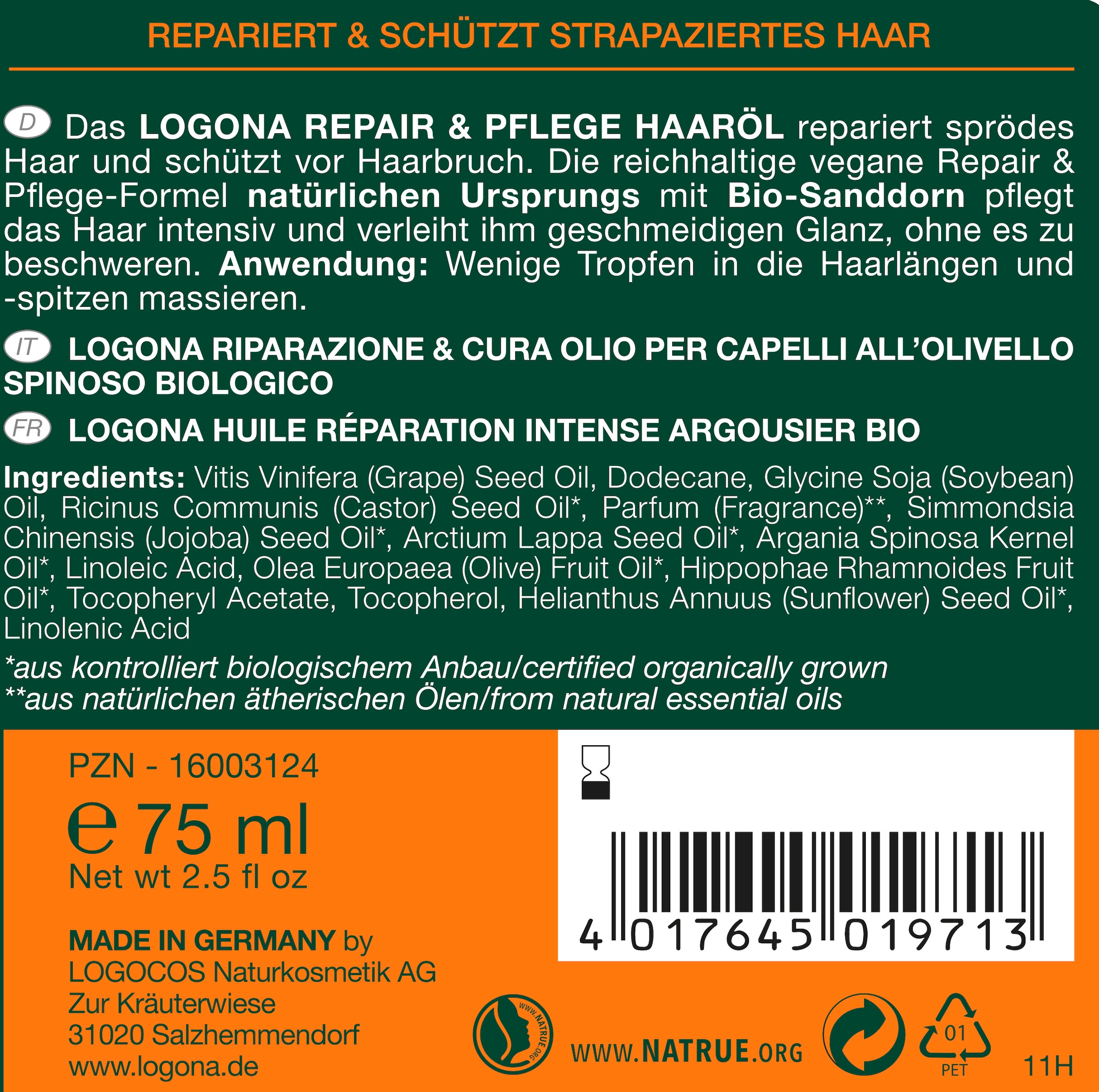 LOGONA Haaröl »Logona Repair&Pflege Haaröl Bio-Sanddorn«