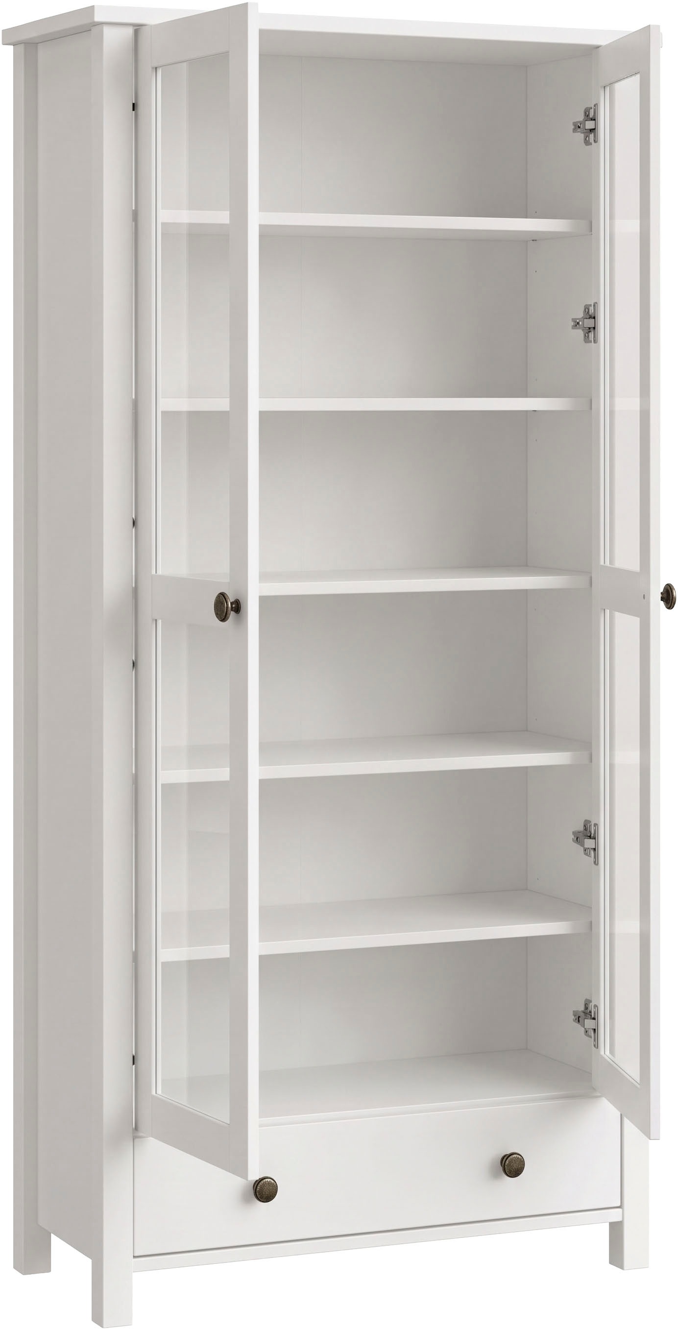 OTTO home Vitrine »Mikkeli Glasvitrine mit 1 Schubkasten, Knopfgriffen aus Metall« aus massiver FSC®-zertifizierter Kiefer, moderner Landhausstil