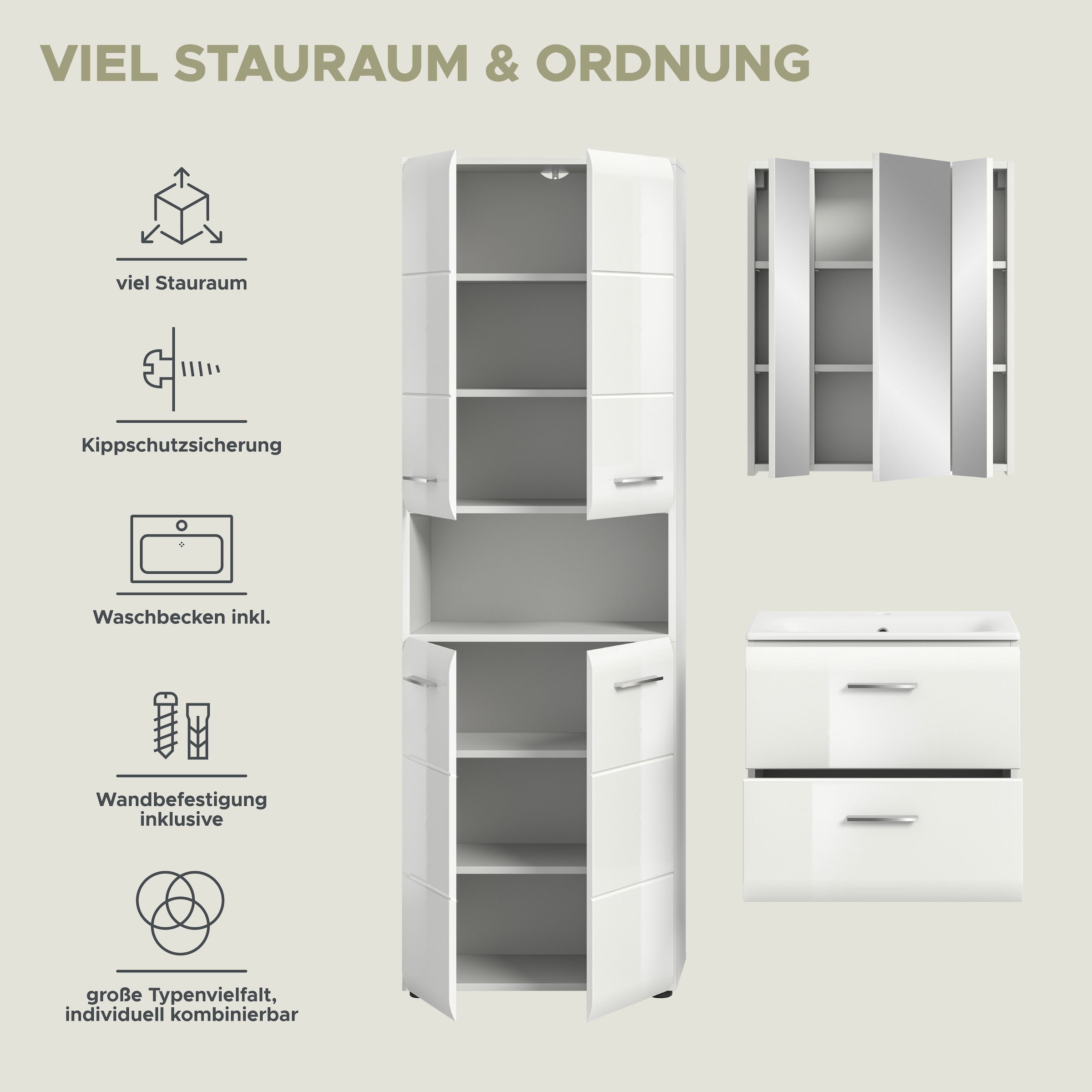 INOSIGN Badezimmer-Set, (Set, 4 St.), Florenz, Badkombination 4-tlg.,Weiß hochglanz, inkl. Waschbecken