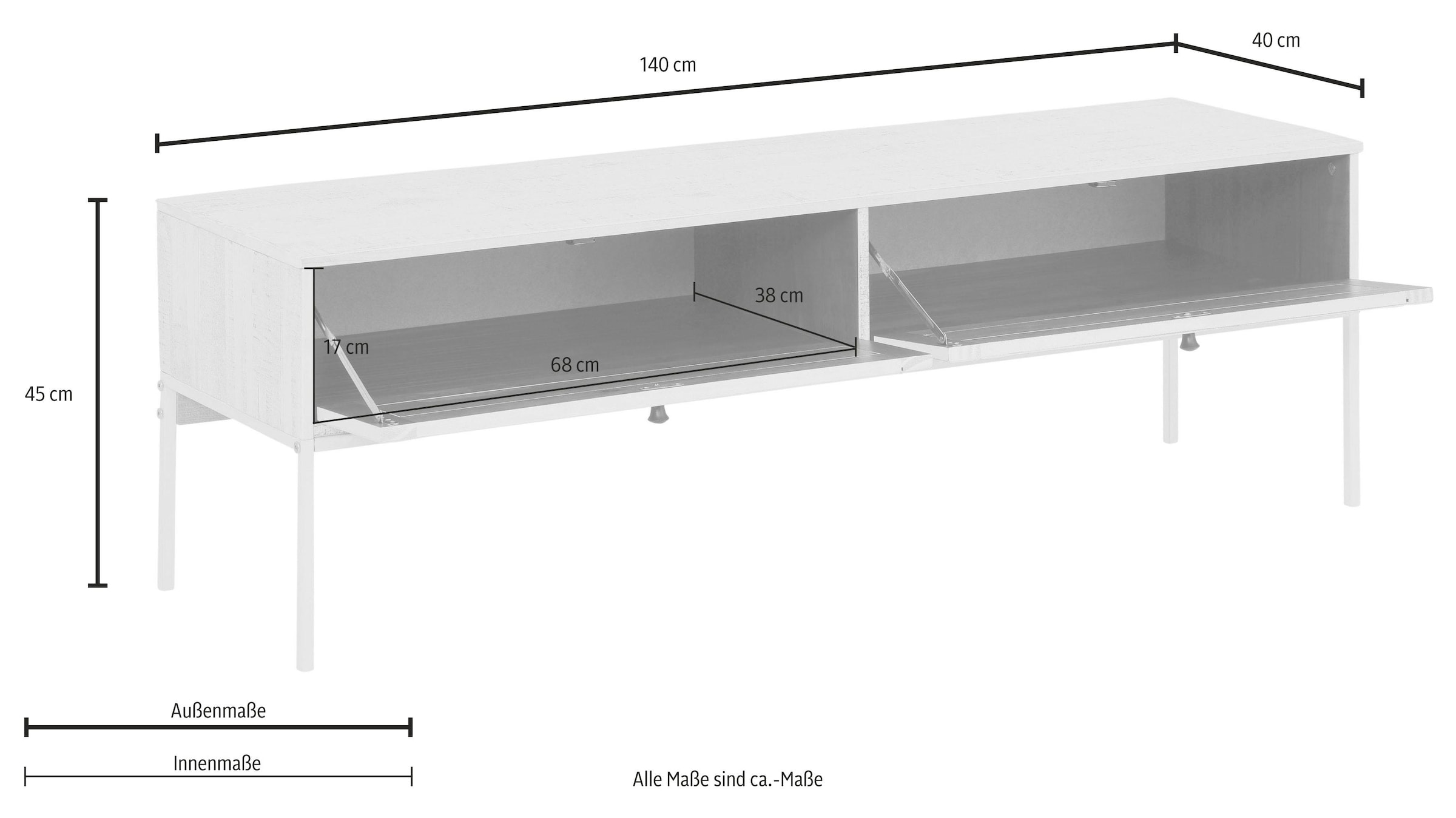 Home affaire Lowboard »Freya«, mit 2 Klappen, Metallgriffen, aus Massivholz, Breite 140 cm