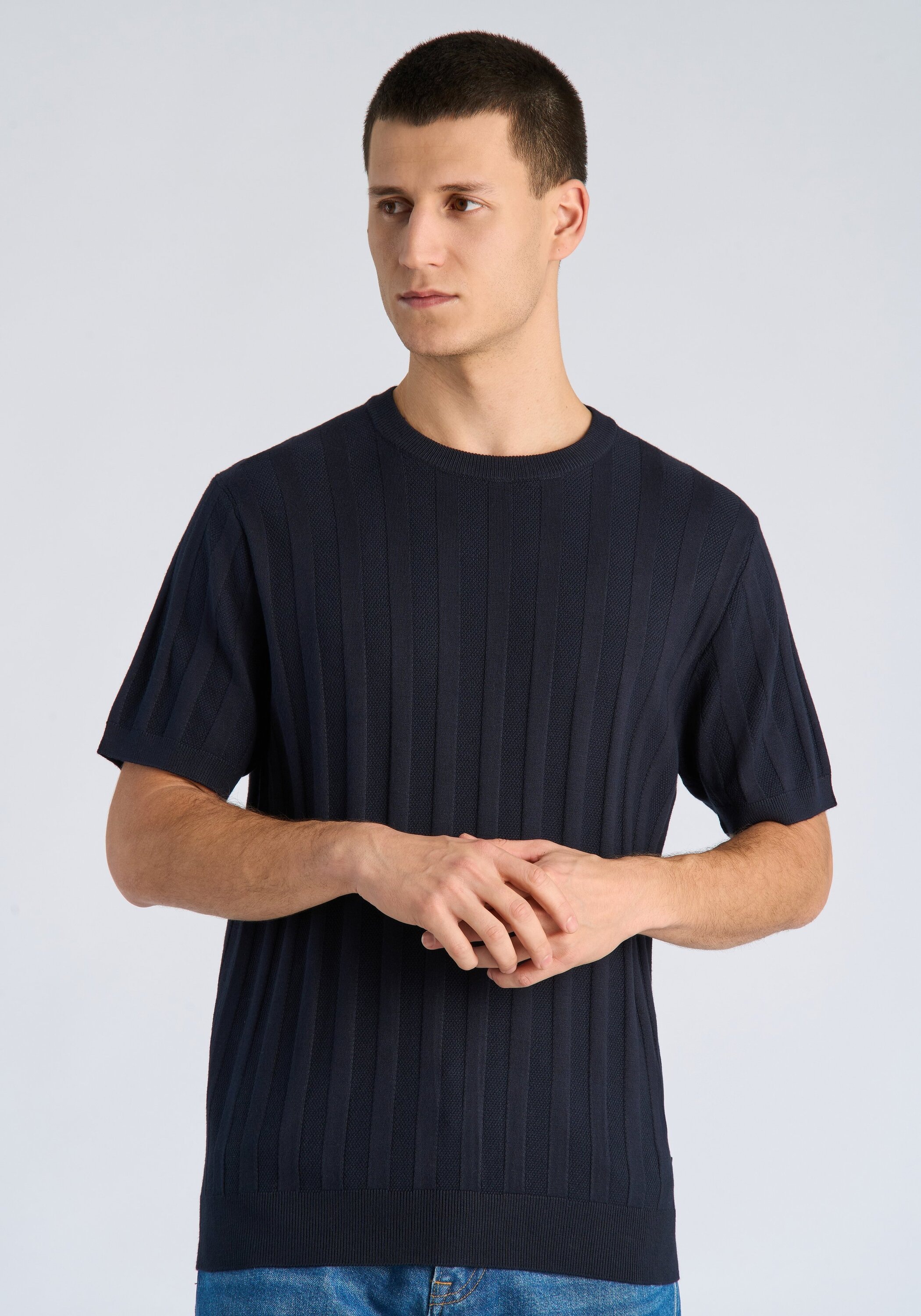 Kurzarmpullover JUNK DE LUXE "T-Shirt Relaxed Fit", Herren, Gr. L, navy, Obermaterial: 70% Viskose, 30% Nylon, Rundhals, Pullover