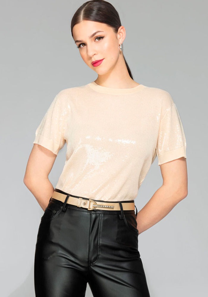 Silbergift Ledergürtel, Metallic-Look, mit Strass-Steinen besetzt, Logo-Pin günstig online kaufen