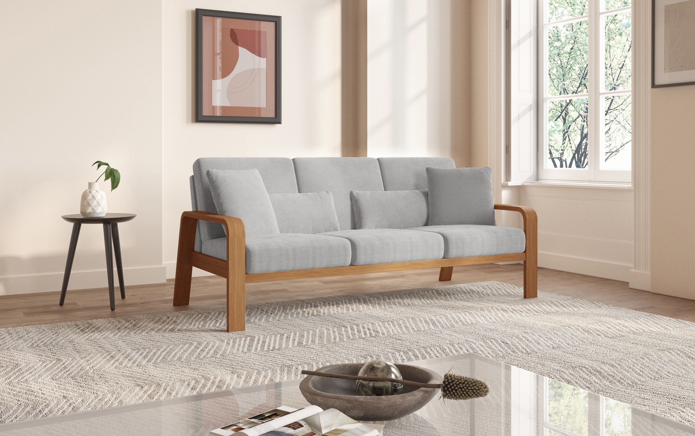 sit&more 3-Sitzer »Kolding«, Armlehnen aus eichefarbigem Buchenholz, verschiedene Bezüge und Farben