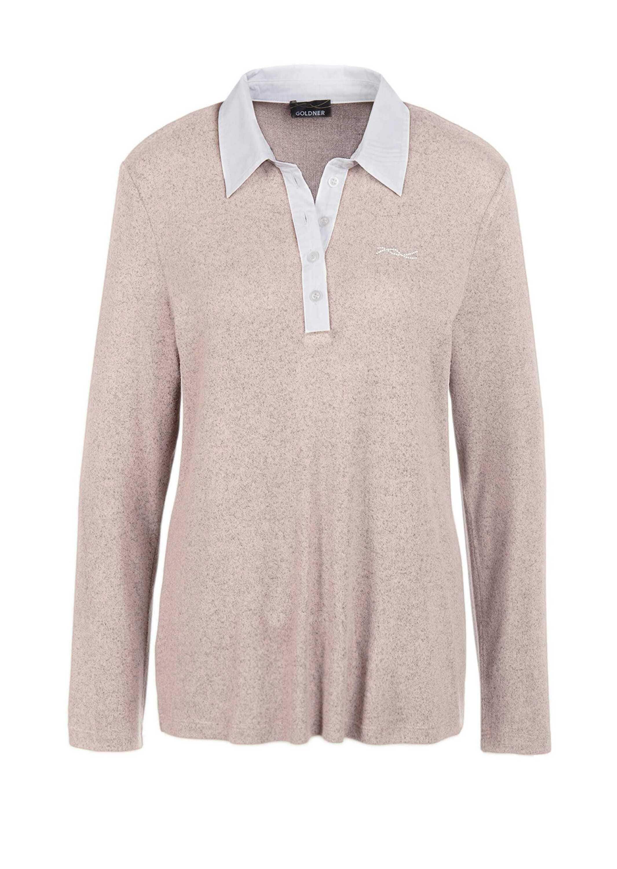GOLDNER Poloshirt "Kurzgröße Thermopoloshirt mit flauschiger Innenseite und Baumwollkragen" Mit weißem Blusenkragen und Stickerei in eisgold