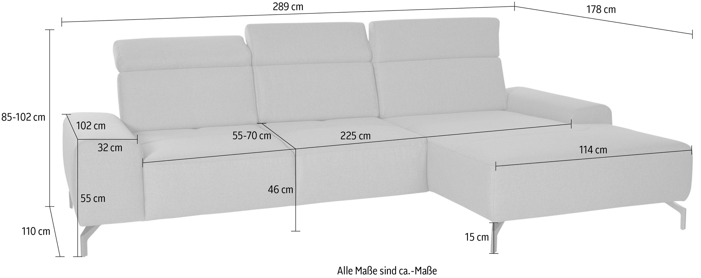 sit&more Ecksofa »Gizeh L-Form«, Fußhöhe 15 cm, inklusive Sitztiefenverstellung und Kopfteilverstellung