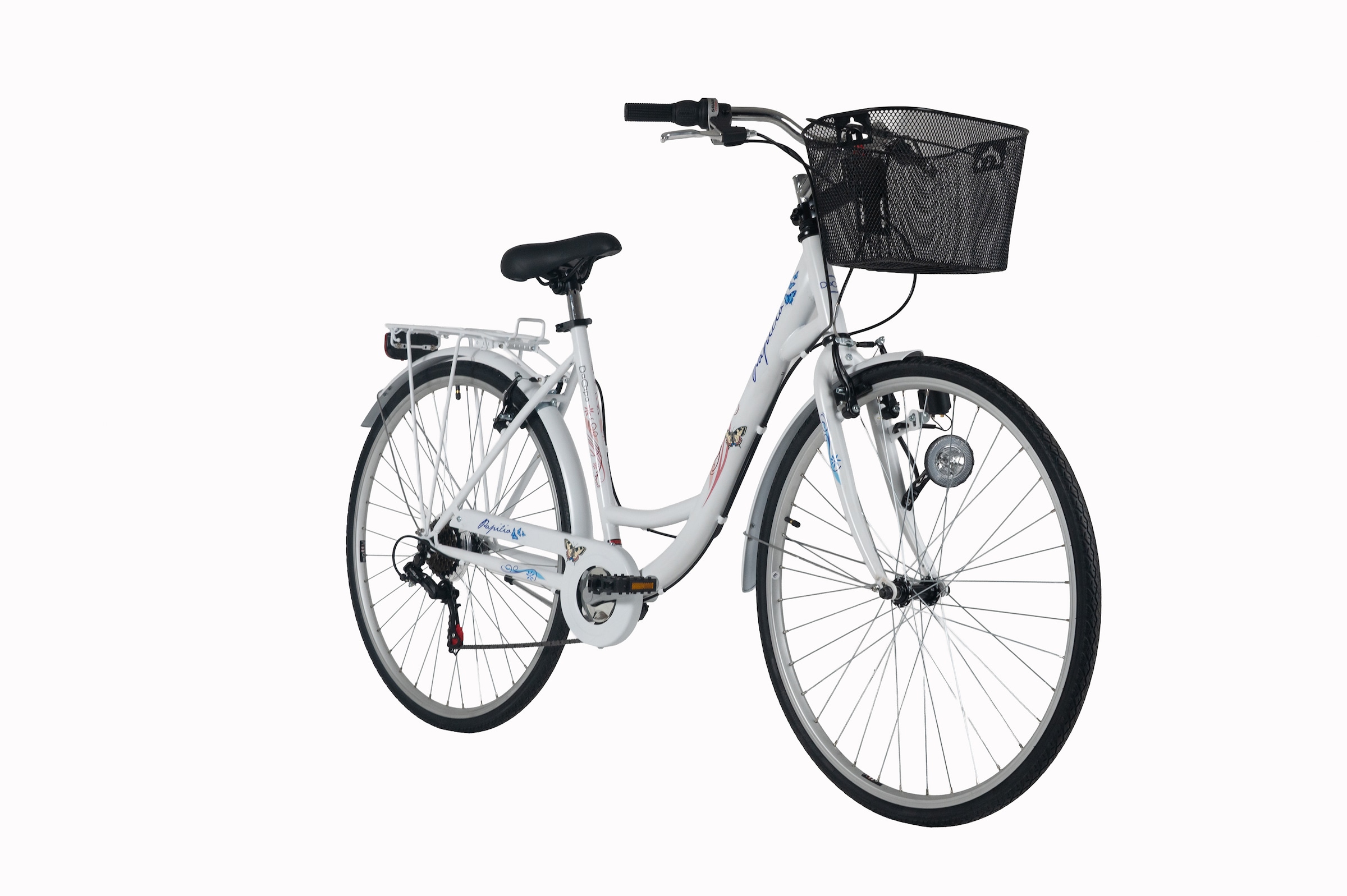 Dacapo Cityrad »DaCapo Citybike 28'' Papilio weiß-Blau mit Korb« 6 Gang Shimano Tourney Schaltwerk Kettenschaltung
