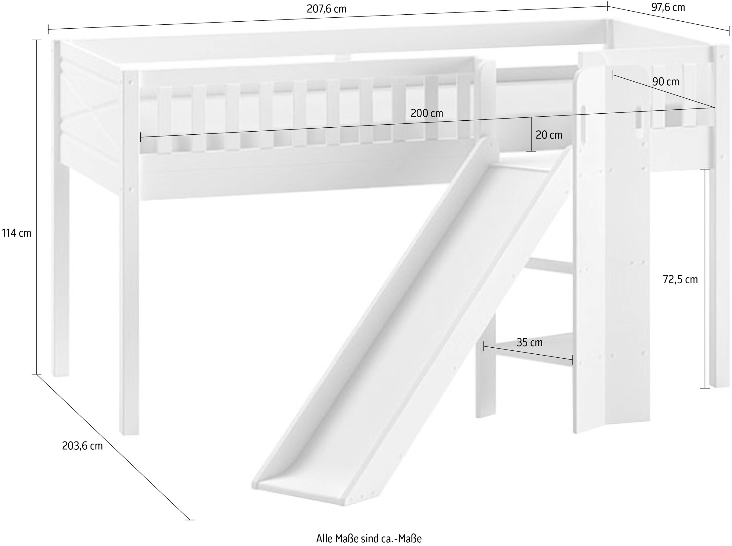 Vipack Hochbett »Scott«, (Made in Europe), m. Rollrost, LF 90x200 cm, Kiefer weiß lackiert, mit oder ohne Rutsche