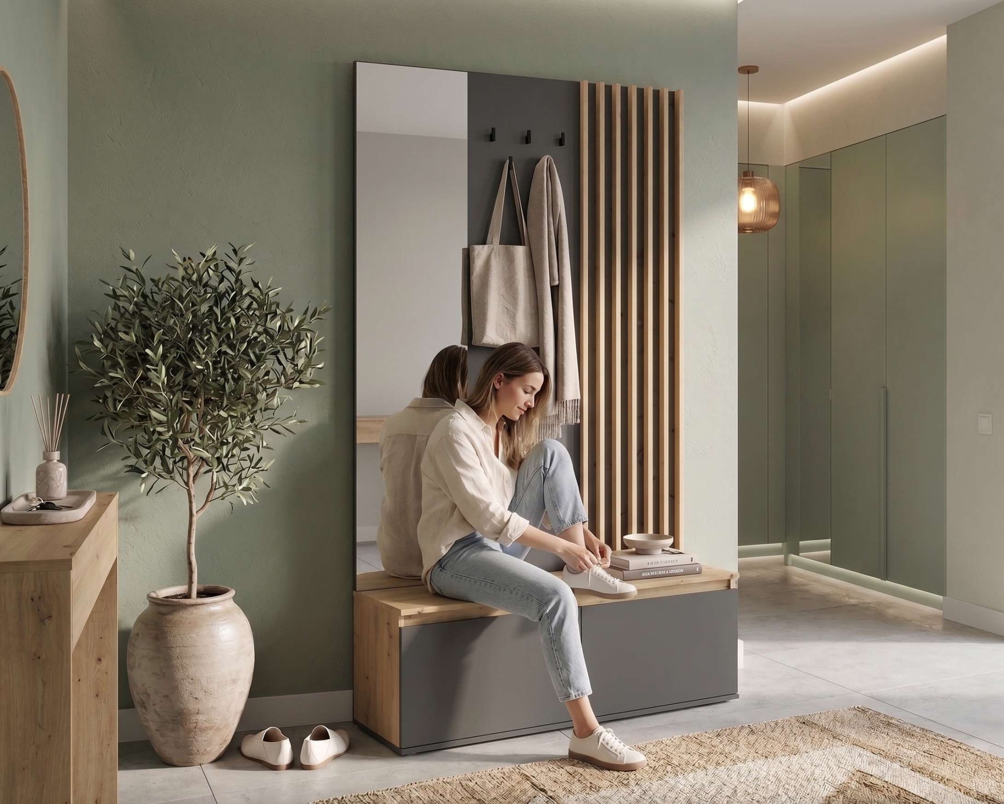 Home affaire Garderobenpaneel "LANDUVA Garderobe mit Schuhschrank, Spiegel und Haken, Breite 120 cm" Garderoben-Set, Kompaktgarderobe, mit Sitzbank, Lamellen Design