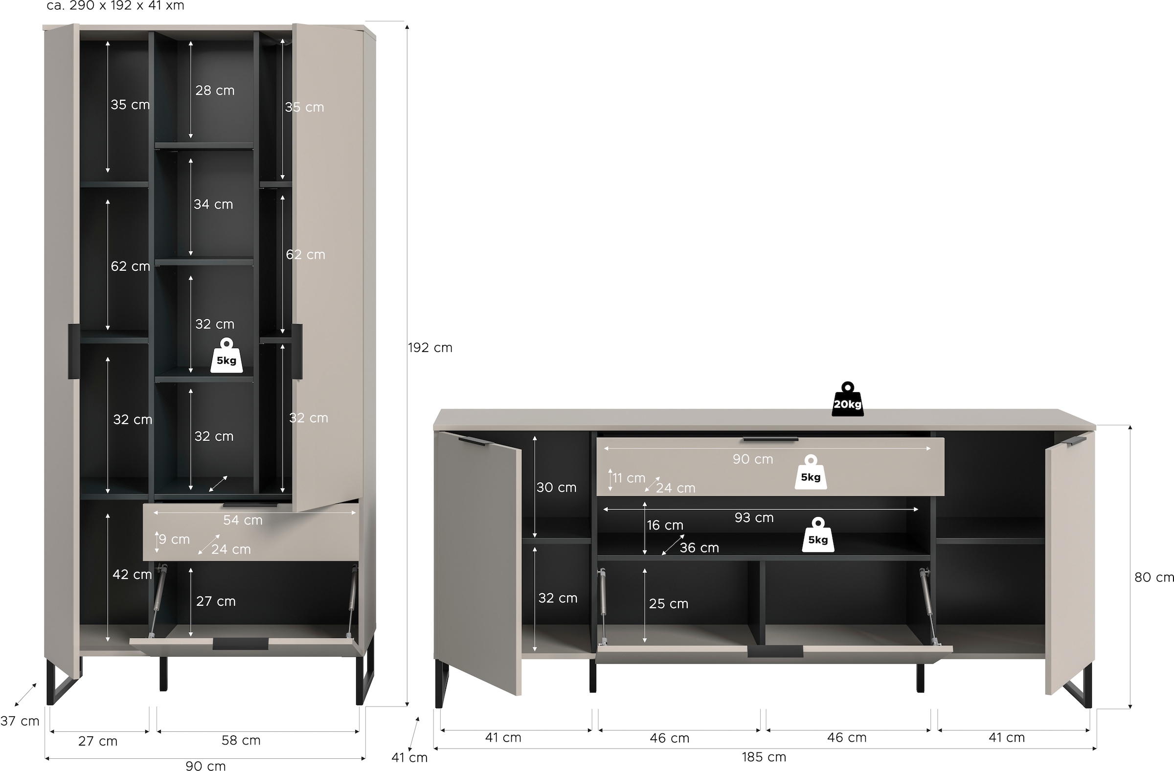 INOSIGN Wohnwand »ADIO, Breite 290 cm, 2-teiliges Set, mit Metall-Kufenfüße« Set, bestehend aus: Mehrzweckschrank und Sideboard, 2 Stk. tlg.