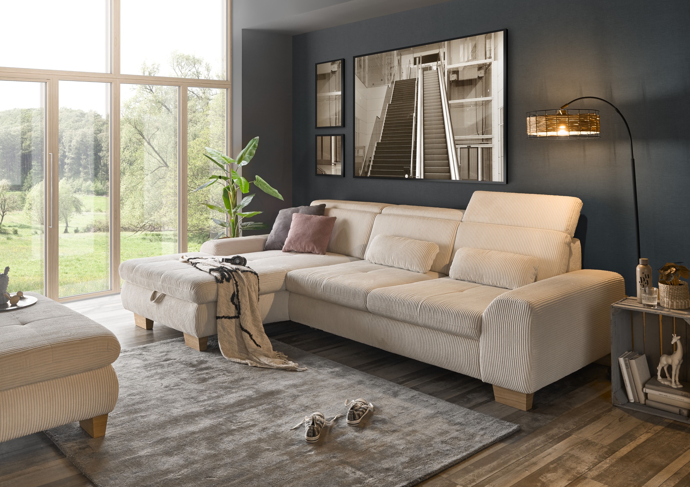 set one by Musterring Ecksofa »SO 3400 Sitzhöhe 47cm oder 49cm, Sitztiefe verstellbar, B/T: 307/195cm«, whlw. mit Funktion, Kaltschaum, in Cord, silver, Sitzhöhe 47