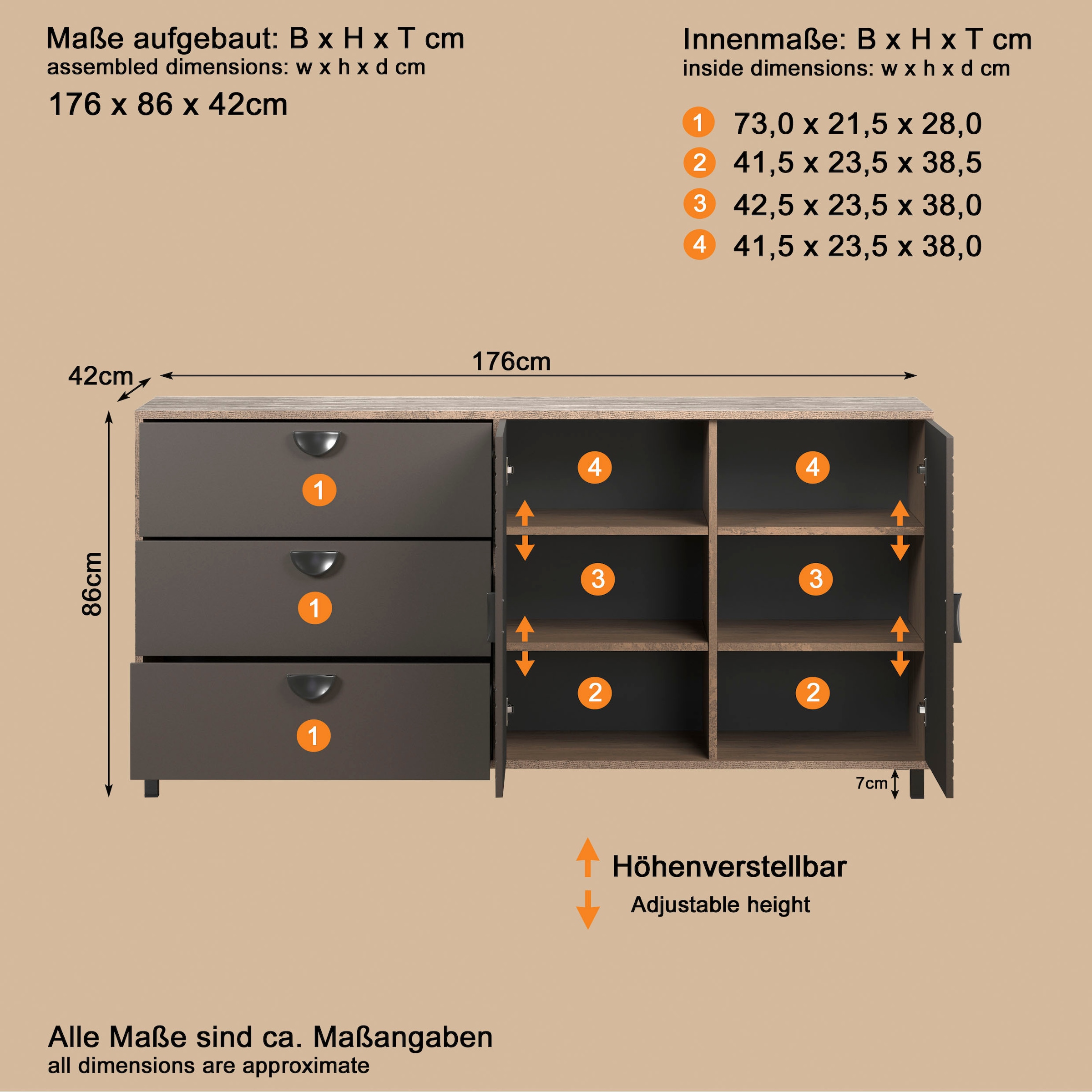 Home affaire Sideboard »Fusion« 1 Stk. tlg. Kommode mit markantem Kreismuster - Antikoptik - (B/T/H) 176/42/86 cm