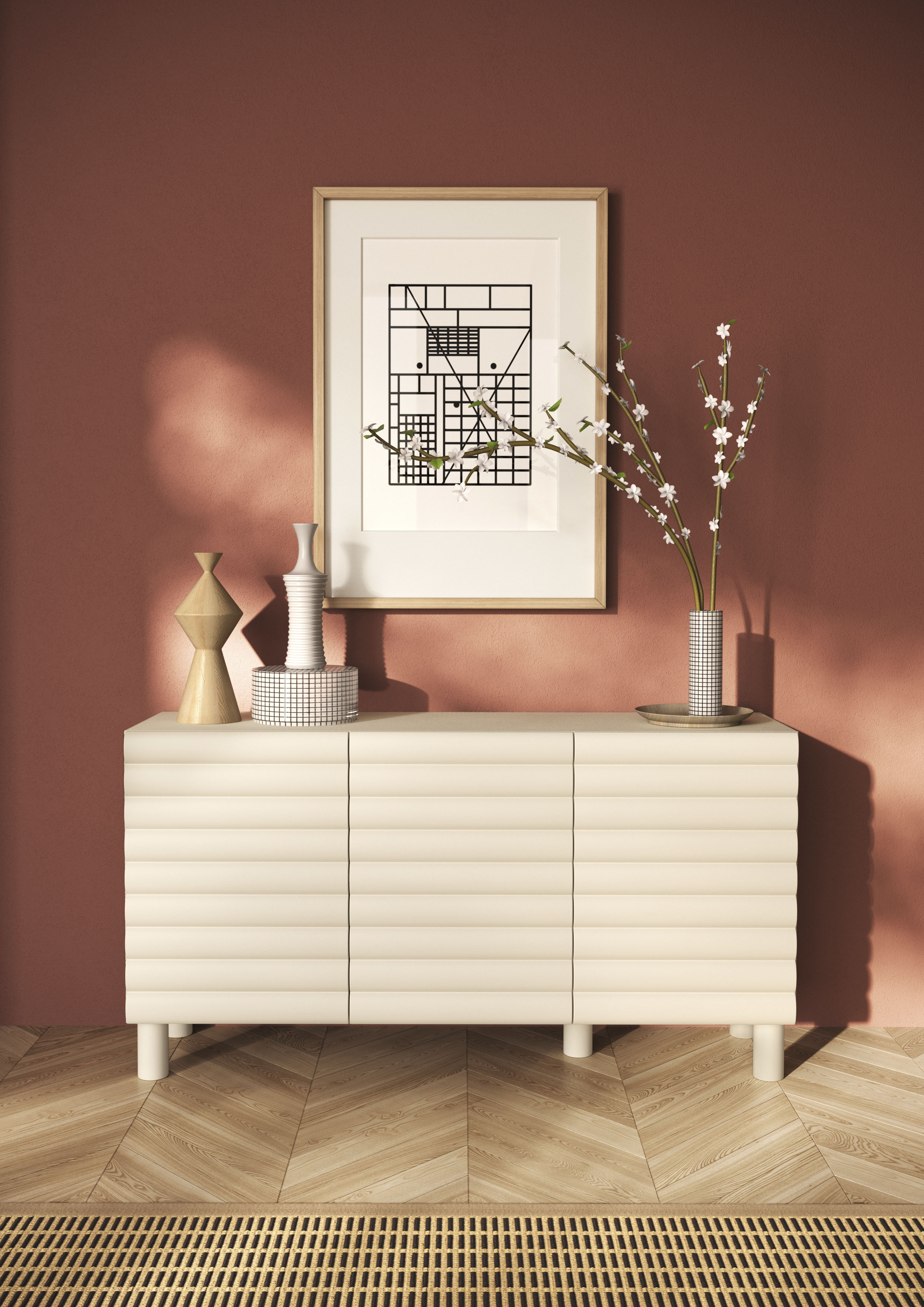 OTTO home Sideboard "Adria, 152 cm breit, 3 Türen, Anrichte, Kommode, Stauraumschrank" Korpus Talco Spatolato, MDF-Fronten in 3D-Design, viel Stauraum