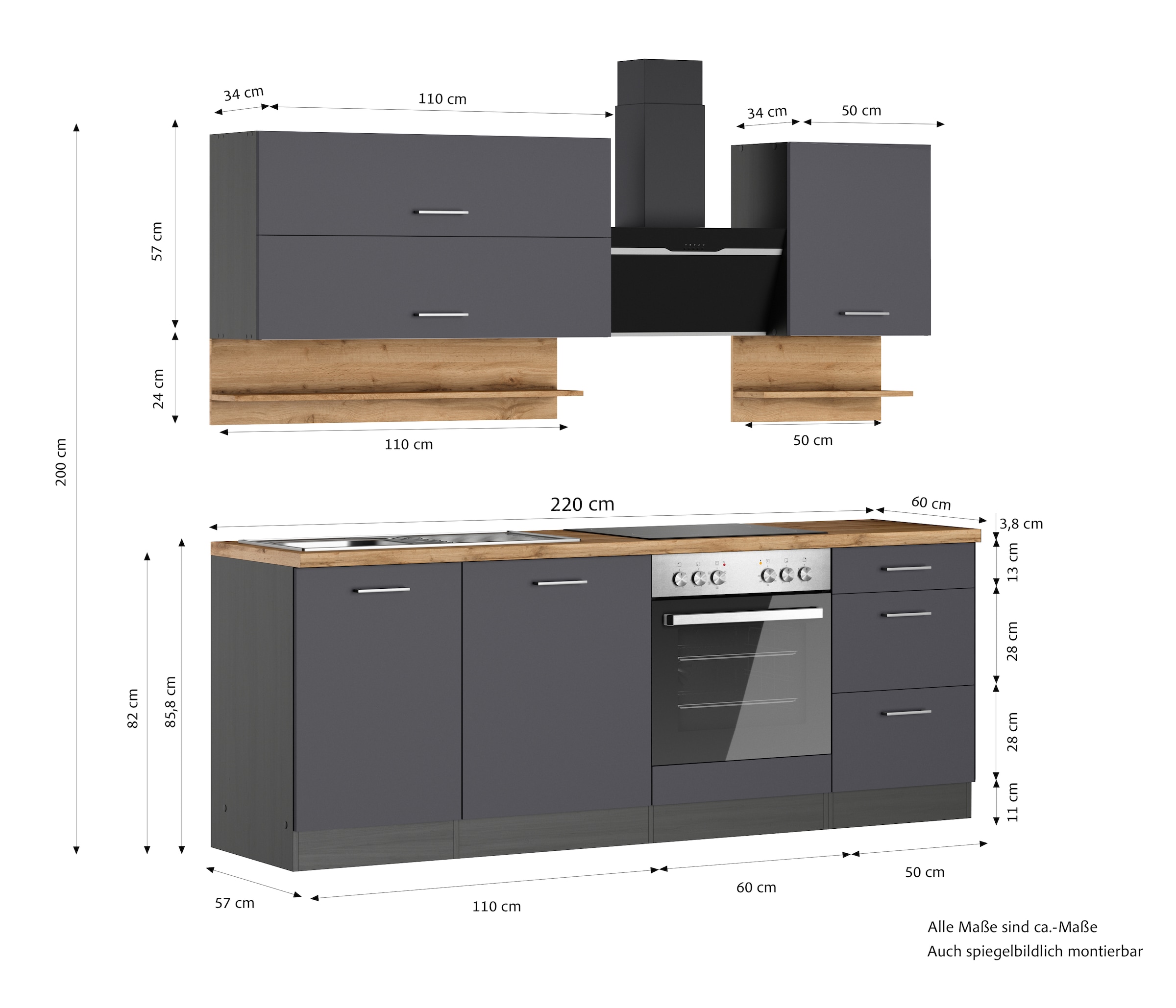 KOCHSTATION Küchenzeile »KS-Milan«, 220 cm breit, robuste Metallauszüge, viel Stauraum