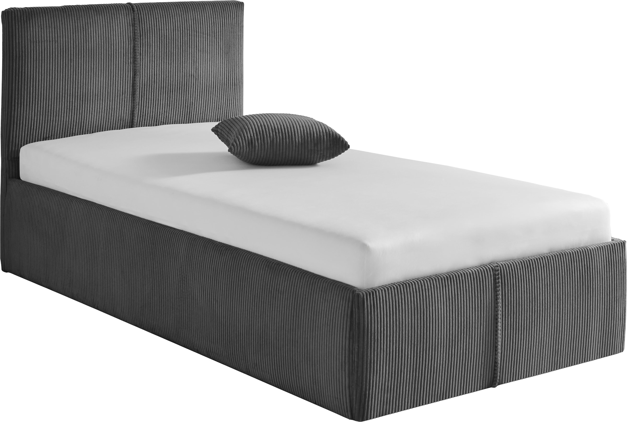 Polsterbett, B:128cm L:210cm, grau, WESTFALIA SCHLAFKOMFORT, Bezug. Hochwertiger Breitcord, 100% Polyester pflegeleicht, Polsterung: Polsterwatte,