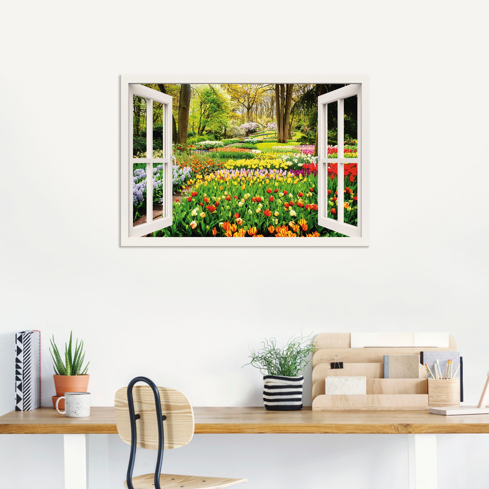 Artland Wandbild »Fensterblick Tulpen Garten Frühling«, Fensterblick, (1 St.), als Alubild, Outdoorbild, Leinwandbild, Poster, Wandaufkleber