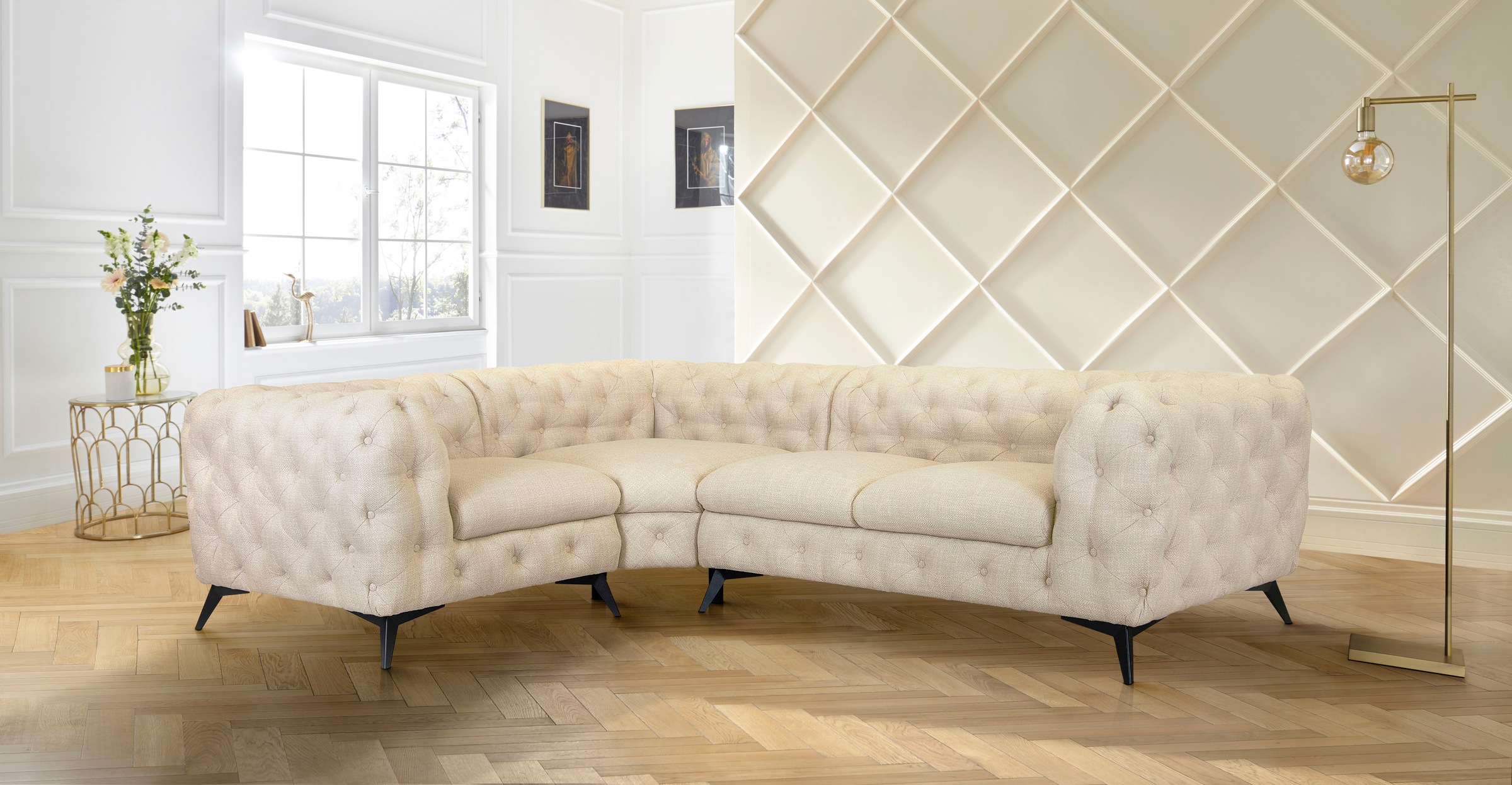 Leonique Chesterfield-Sofa »Glynis L-Form«, aufwändige Knopfheftung, moderne Chesterfield Optik, Fußfarbe wählbar