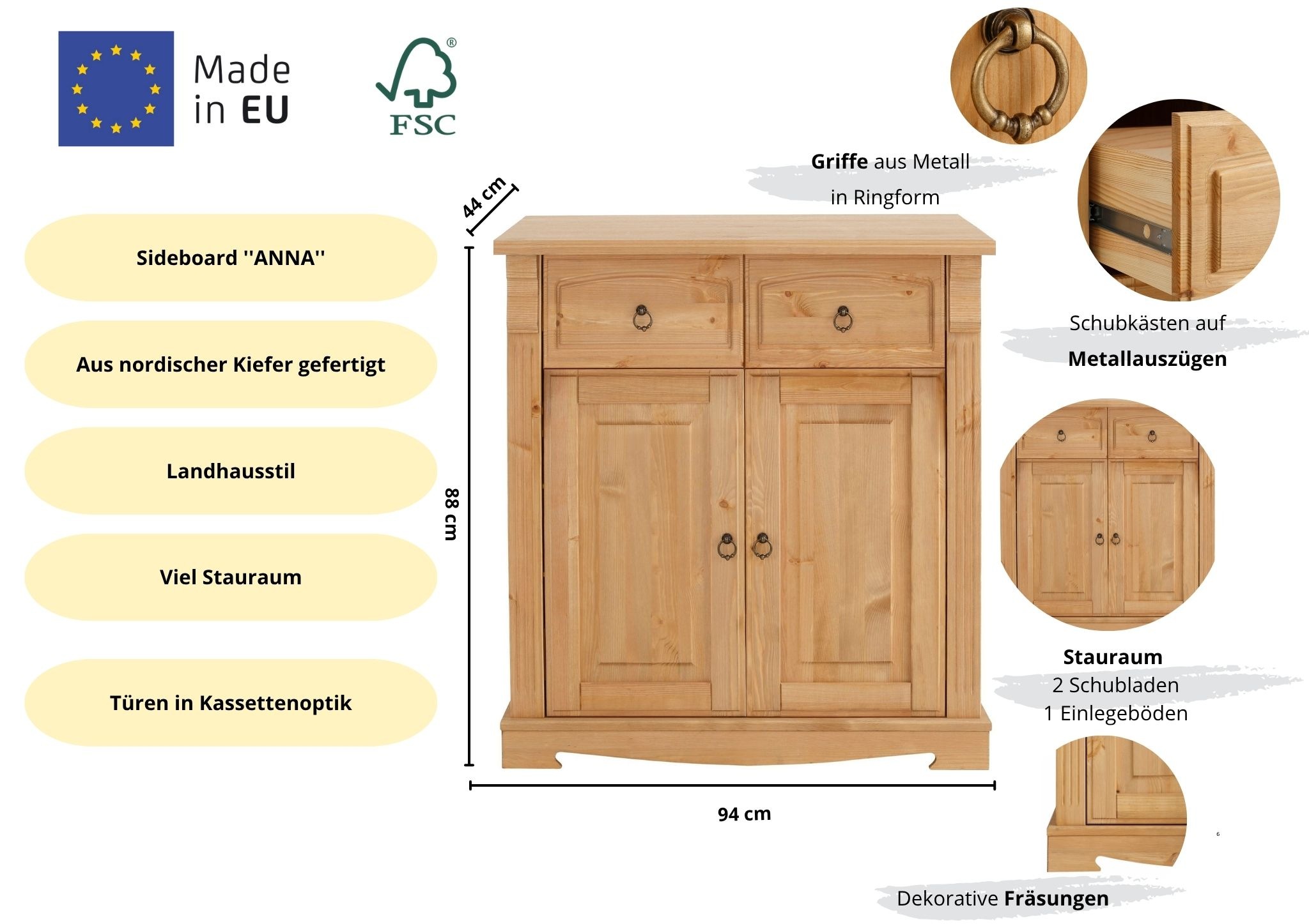 Thumbnail - Home affaire Kommode "Anna, Sideboard, Anrichte, Stauraumschrank" B/T/H: 94/40/91 cm, aus massiver Kiefer, Breite 94 cm,...