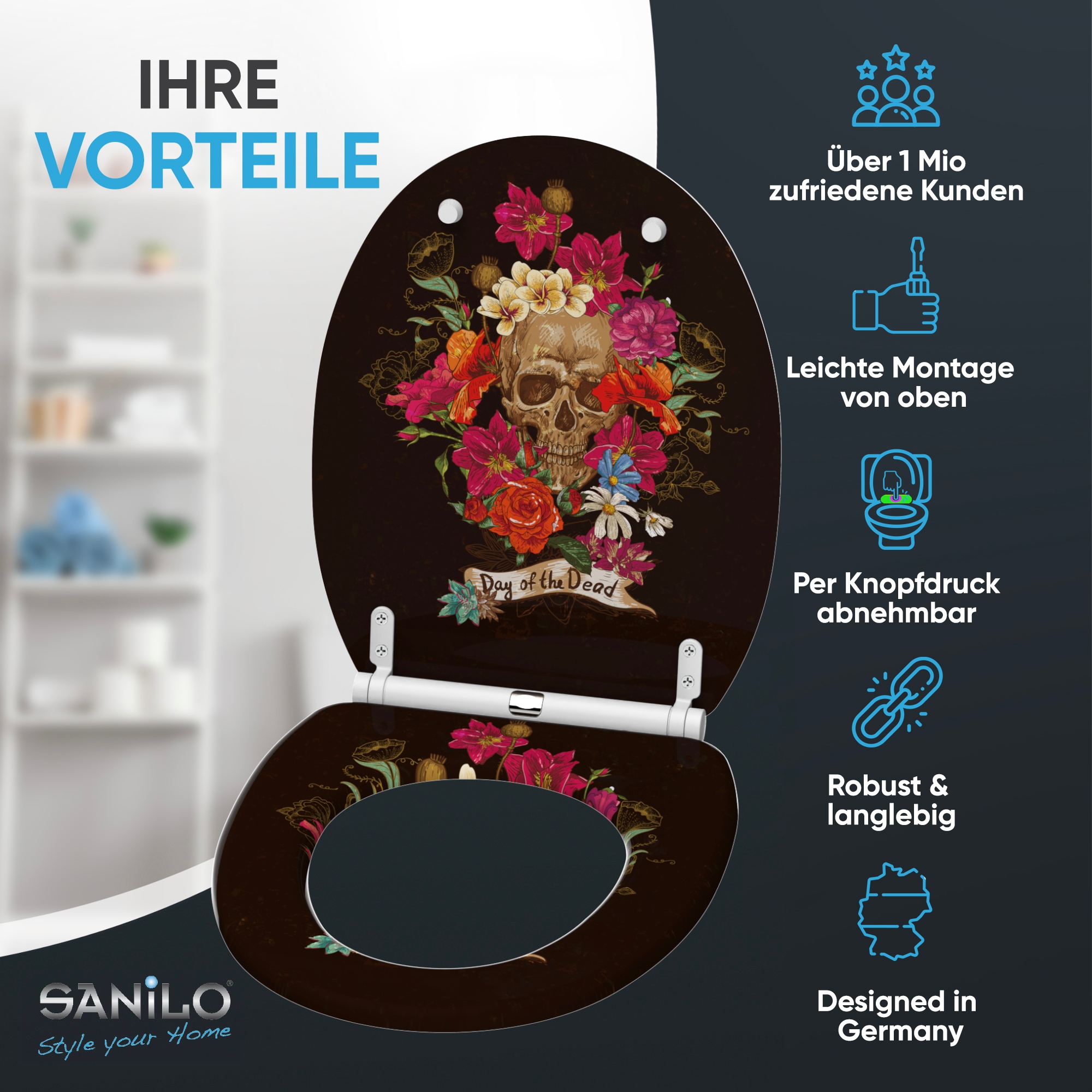Sanilo WC-Sitz »Day of the Dead mit Absenkautomatik & Quick Release« Premium Toilettendeckel, abnehmbar, leichte Montage von oben
