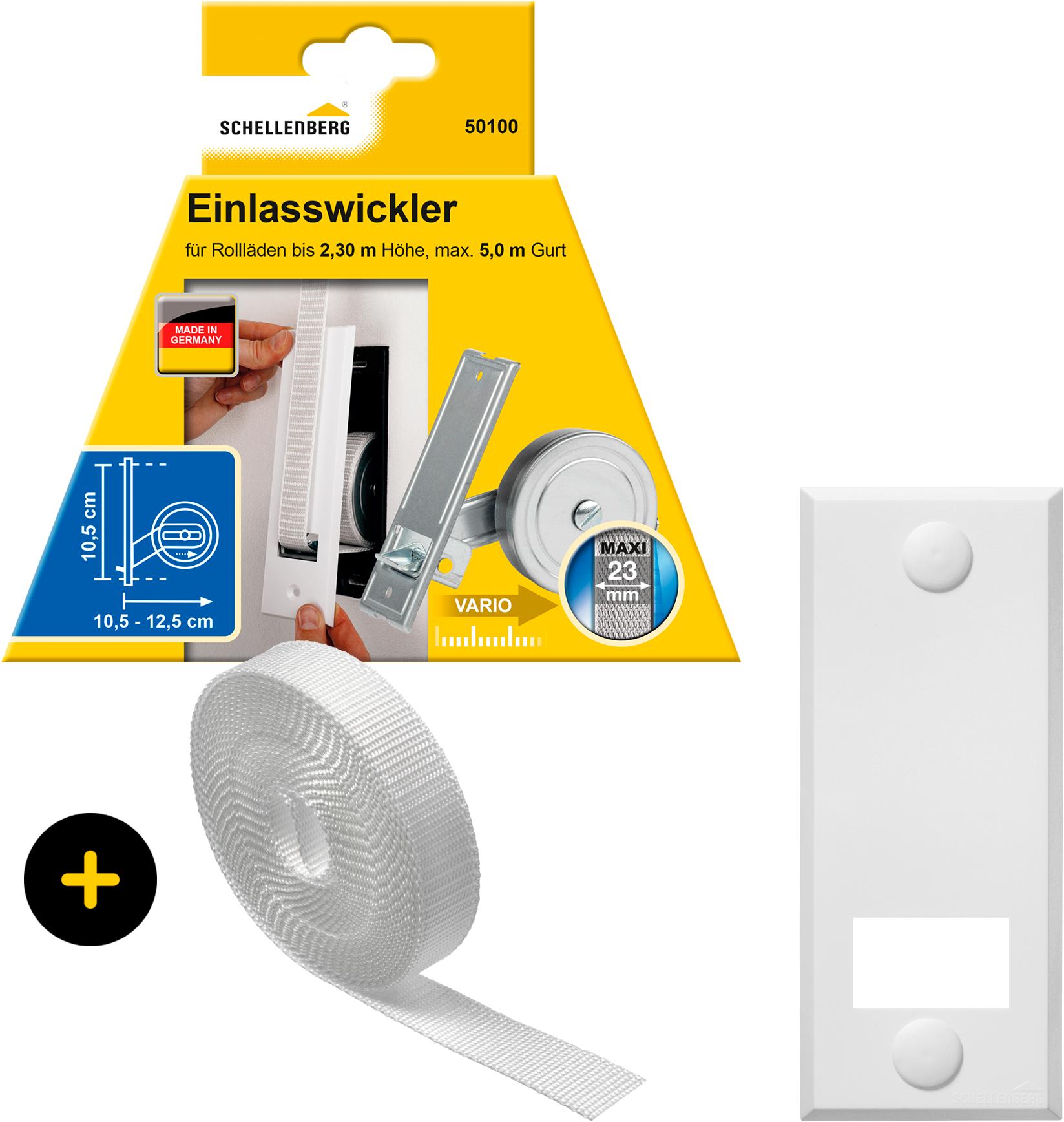 SCHELLENBERG Einlass-Gurtwickler "Unterputz, inkl. Abdeckplatte weiß und Rollladengurt in grau oder weiß" Set, 1 Stk. tlg. 10,5 cm Lochabstand für das Rollladensystem Maxi