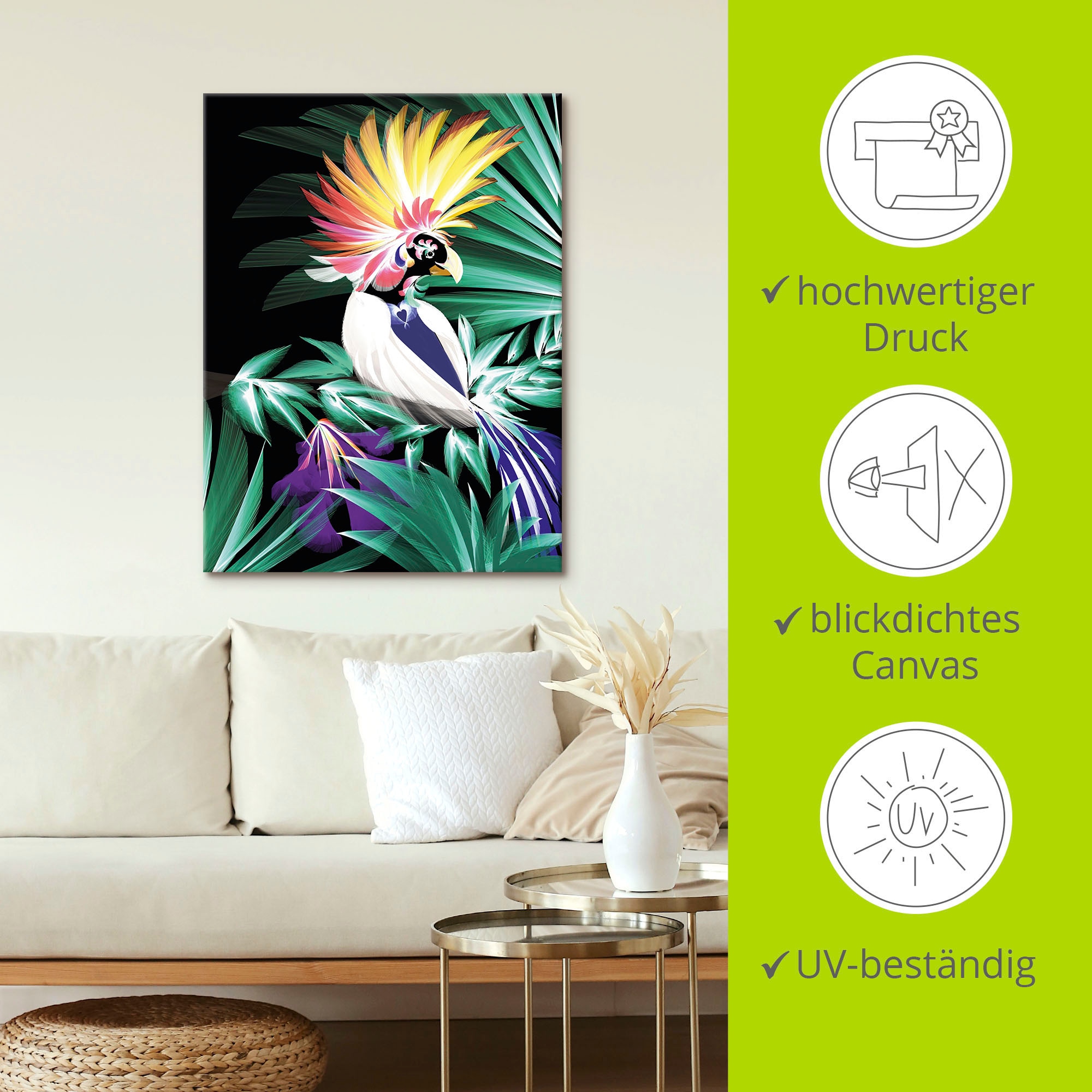 Artland Wandbild »Papageienvogel im Urwald«, Animal Fantasy, (1 St.), als Alubild, Leinwandbild, Wandaufkleber oder Poster in versch. Größen