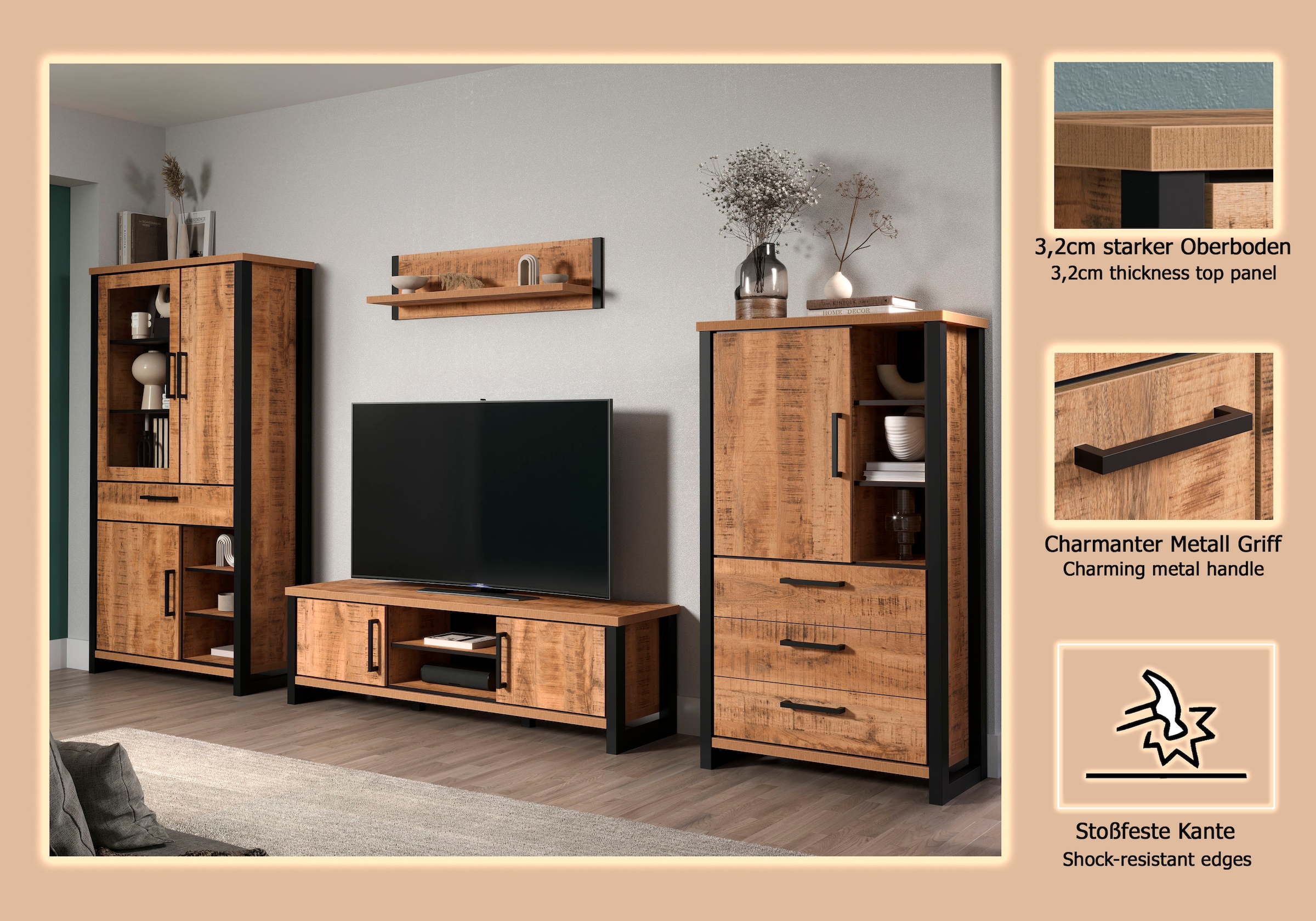 Home affaire Wohnwand »Elda« Komplett-Set, 4 Stk. tlg. Set bestehend aus: TV Lowboard, Vitrine, Wandboard,Highboard