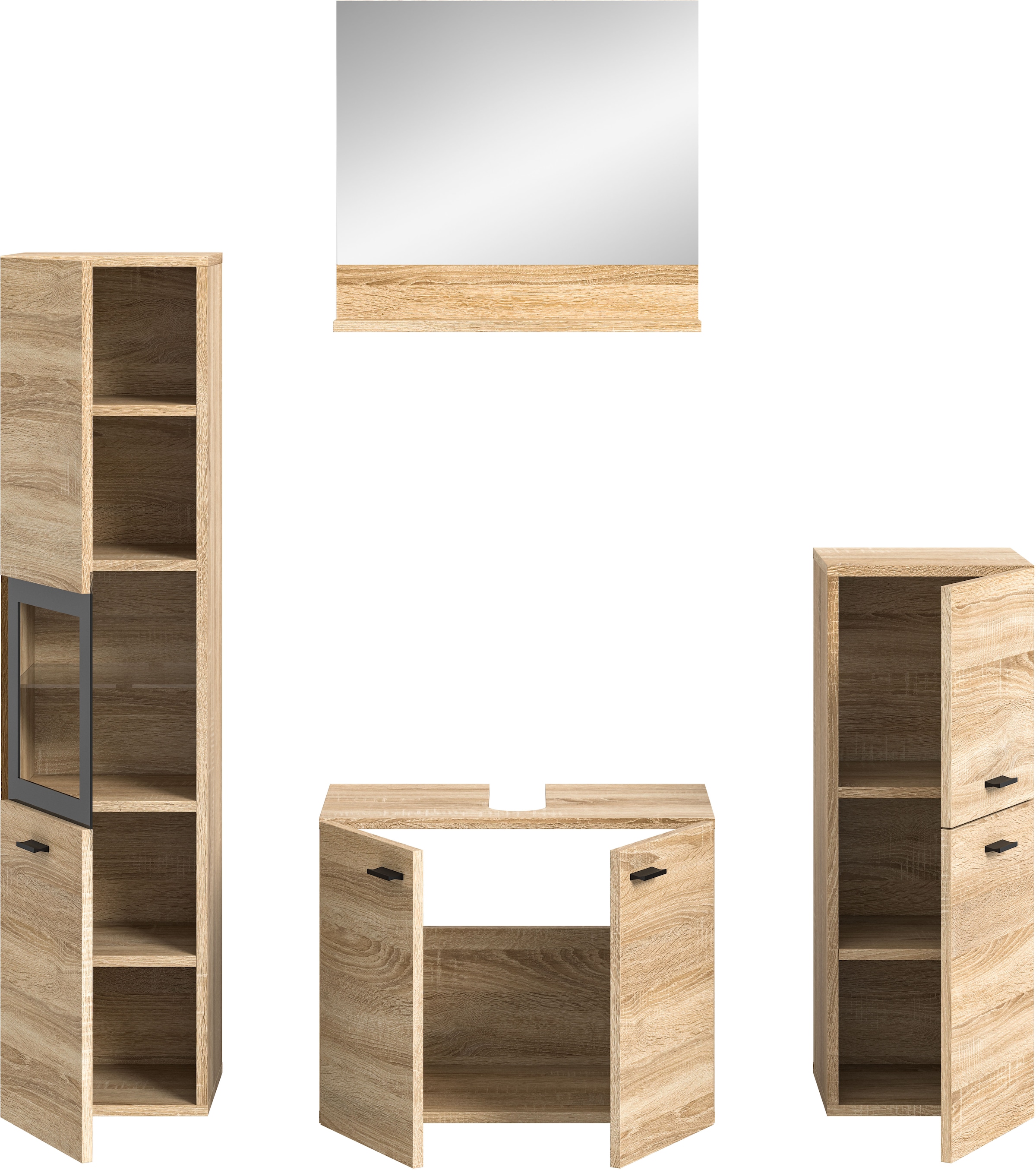 welltime Badmöbel-Set »Tampa, Breite 137cm, 4-teilig«, (4 St.), Waschbeckenunterschrank, Spiegel, Hochschrank, Midischrank
