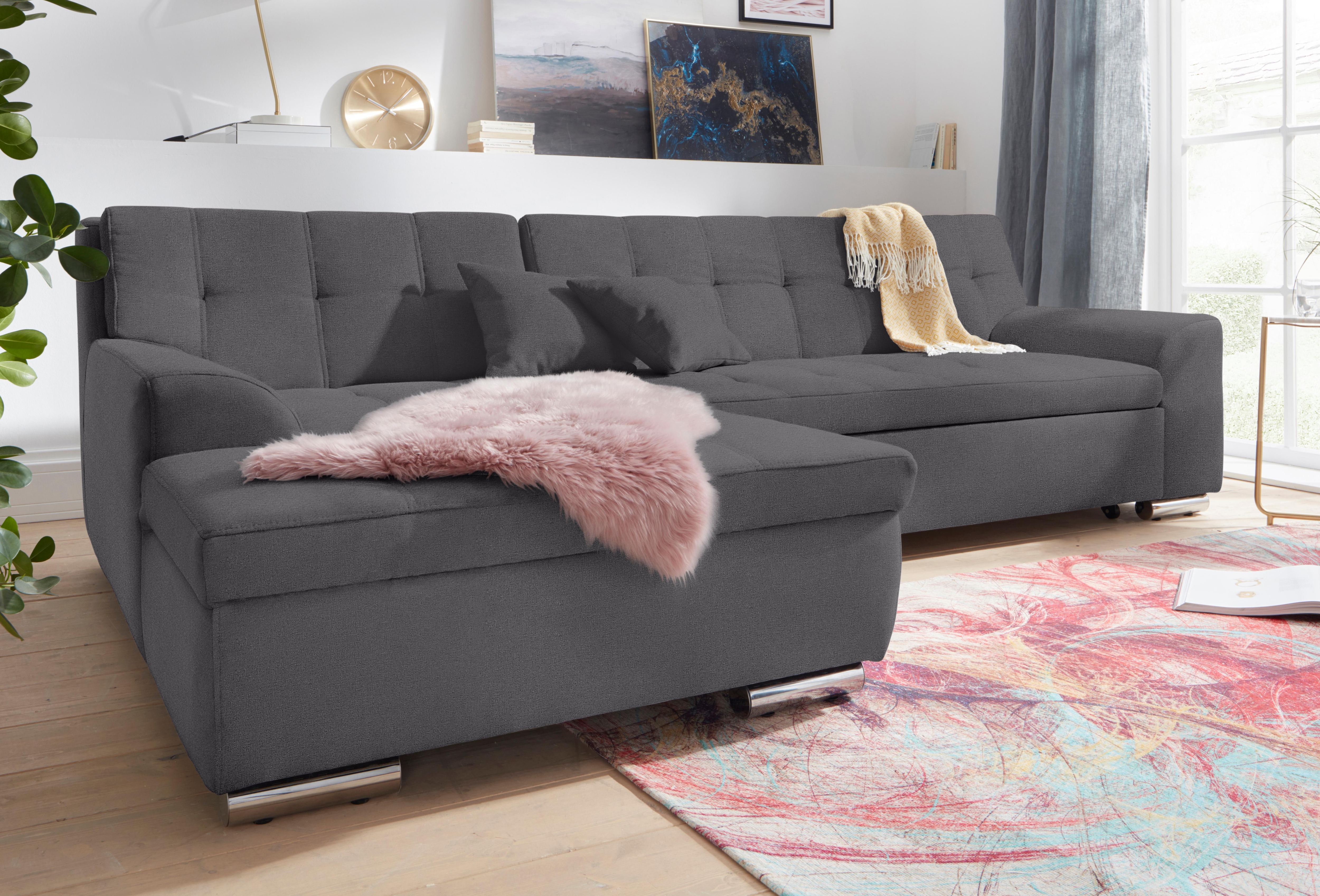 DOMO collection Ecksofa "Aversa, moderne Steppung, geschwungene Armlehnen, Breite 267cm" L-Form, wahlweise mit Bettfunktion