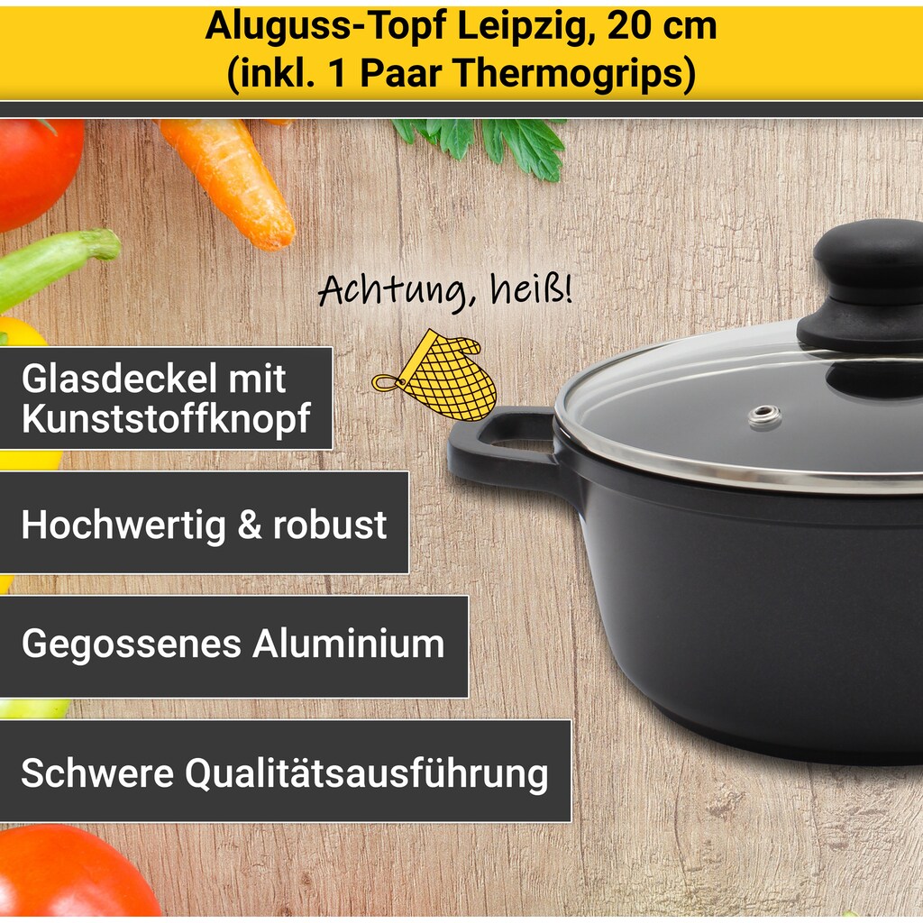 Krüger Fleischtopf »Aluguss Fleischtopf mit Glasdeckel inkl. Thermogrips LEIPZIG«, Aluminiumguss, (1 tlg.)