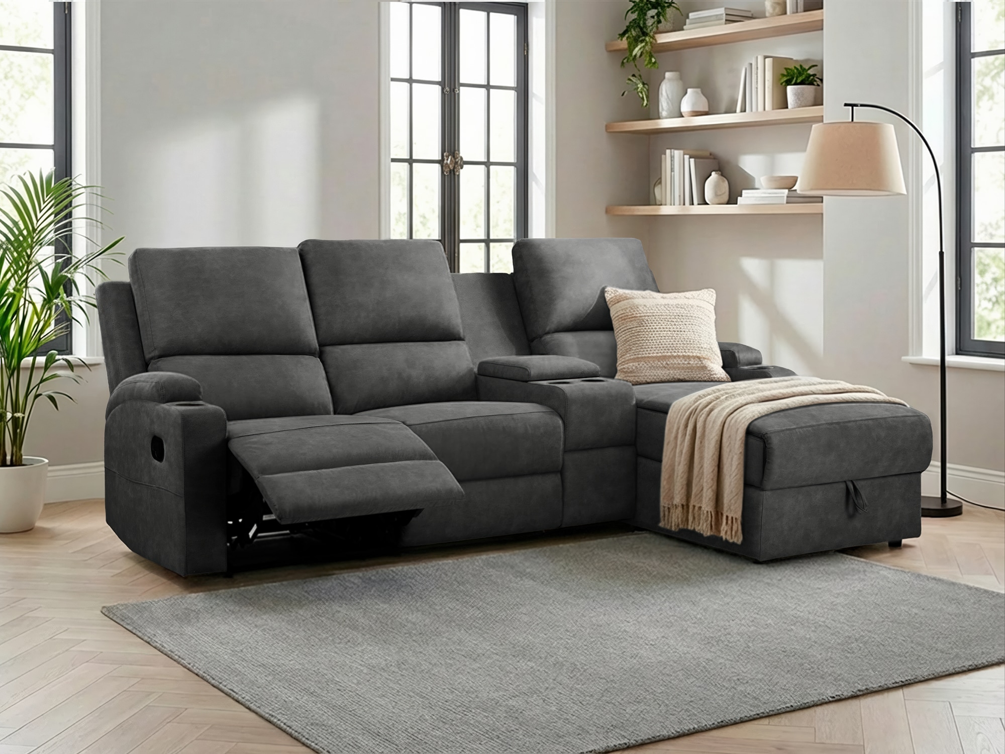 OTTO home Ecksofa "NAPORI Microfaser, Multimediasofa, 3er Kinosessel XXL, L-Form" Kinosofa, manuelle o. elektr. Relaxfunktion, Staufach, Getränkehalter
