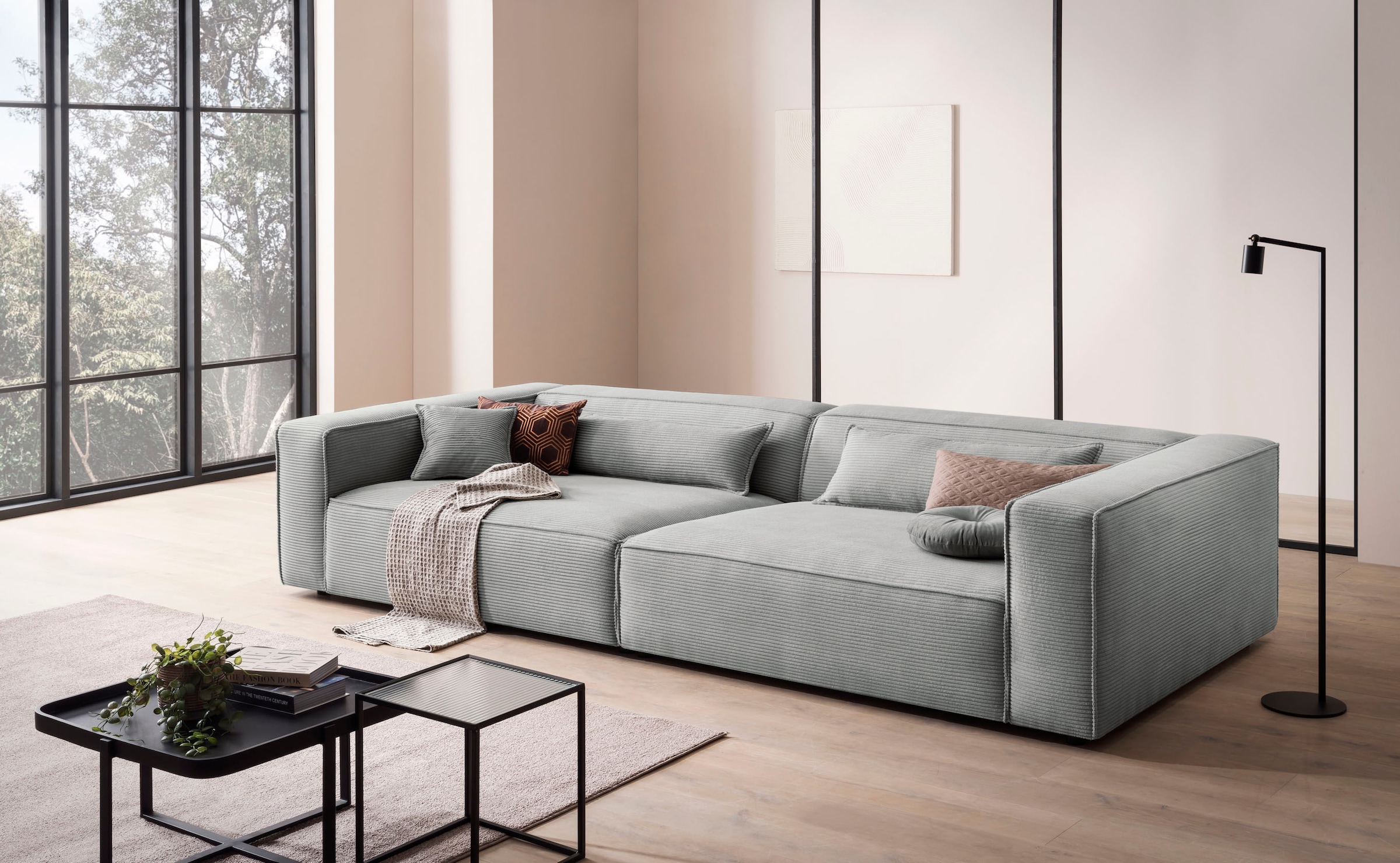 LeGer Home by Lena Gercke 3-Sitzer "PIARA XXL Cord, Sofa mit Kedernaht" schwarze Füße, bequemer Sitzkomfort, extra tiefe Sitzfläche