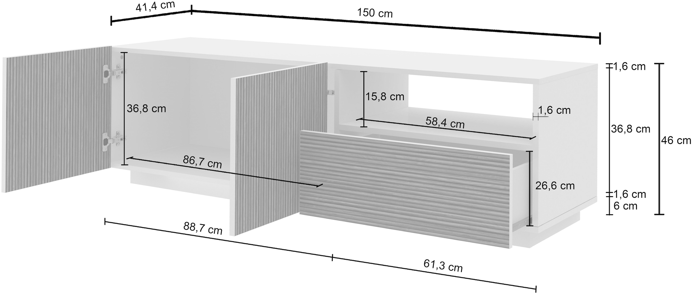 INOSIGN Lowboard »Vega,Lowboard,TV Board,TV Schrank,150 cm«, mit 2 Türen und 1 Schublade,Fronten mit Rillen-Optik