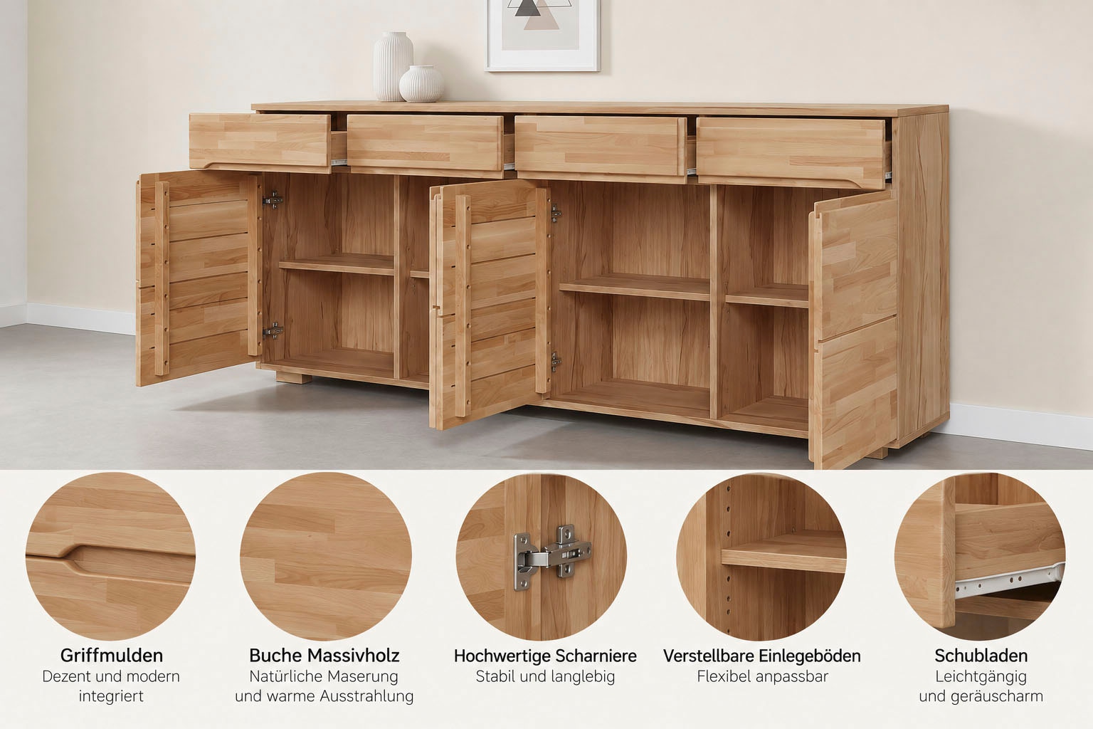 OTTO home Sideboard »VETRO Teilmassiv, Fronten Massivholz, Wohnzimmer, Stauraum,Griffmulde« B/T/H:199/40/85cm, 4Schubladen, 8 geschlossen Fächer, Stauraum