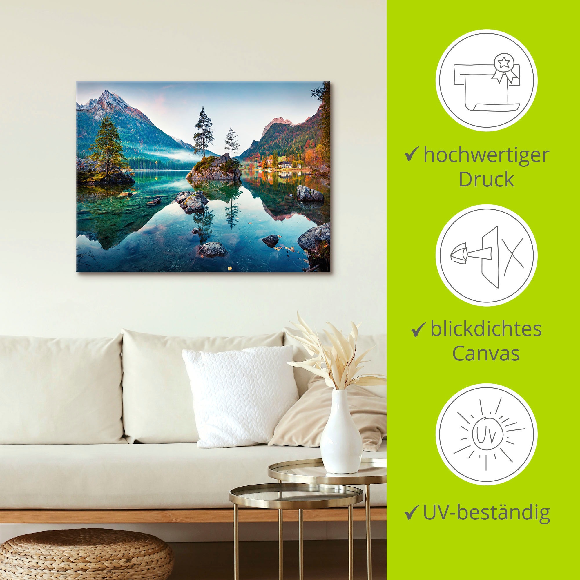 Artland Wandbild »Herbstszene des Hintersee vor Alpen«, Seebilder, (1 St.), als Alubild, Outdoorbild, Leinwandbild, Poster, Wandaufkleber