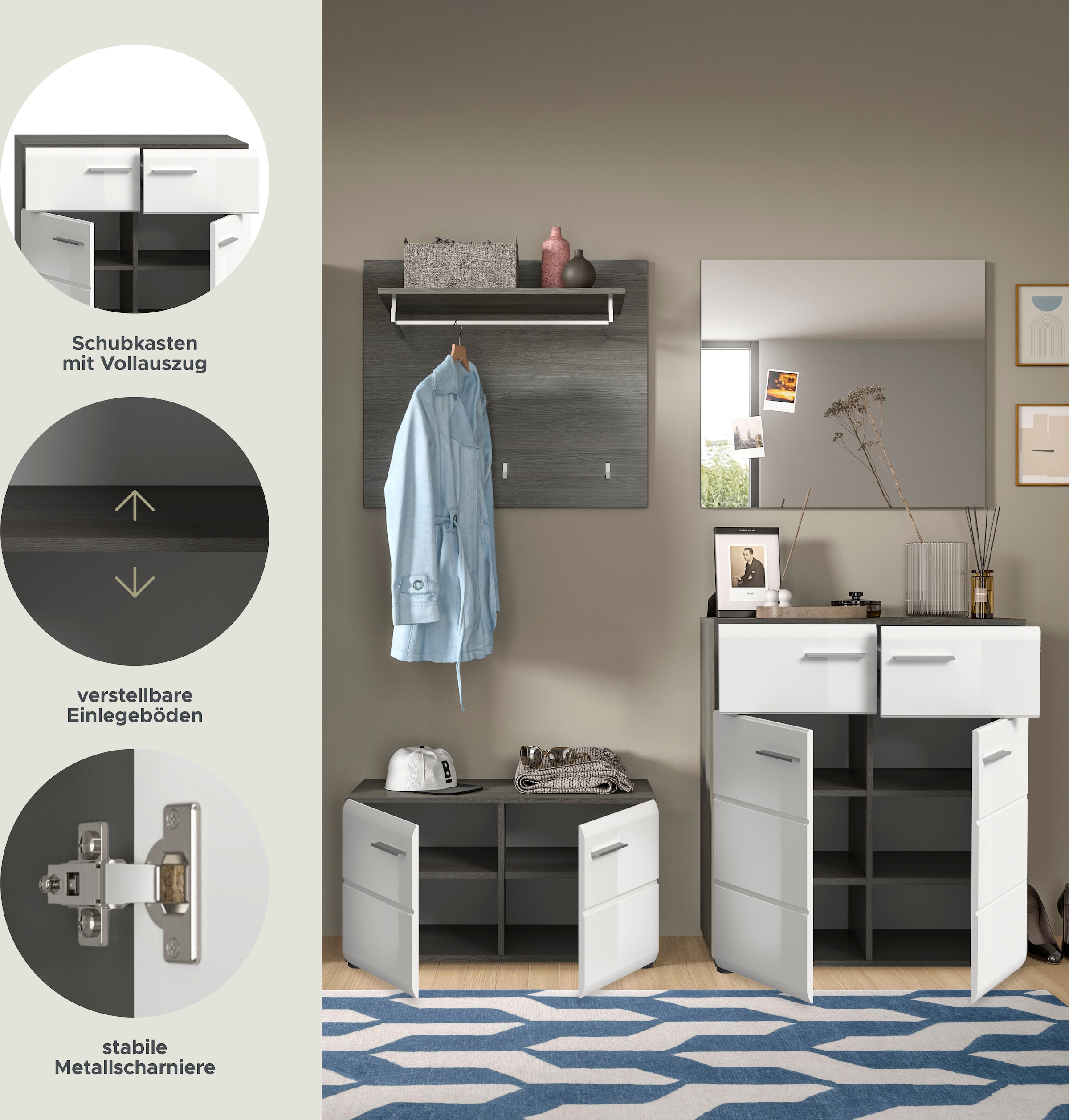 INOSIGN Garderoben-Set »Rumba, 4-teilig, Breite 175 cm, Hochglanz Front, bestehend aus:«, (4 St.), Sitzbank, Garderobenpaneel, Schuhschrank, Spiegel